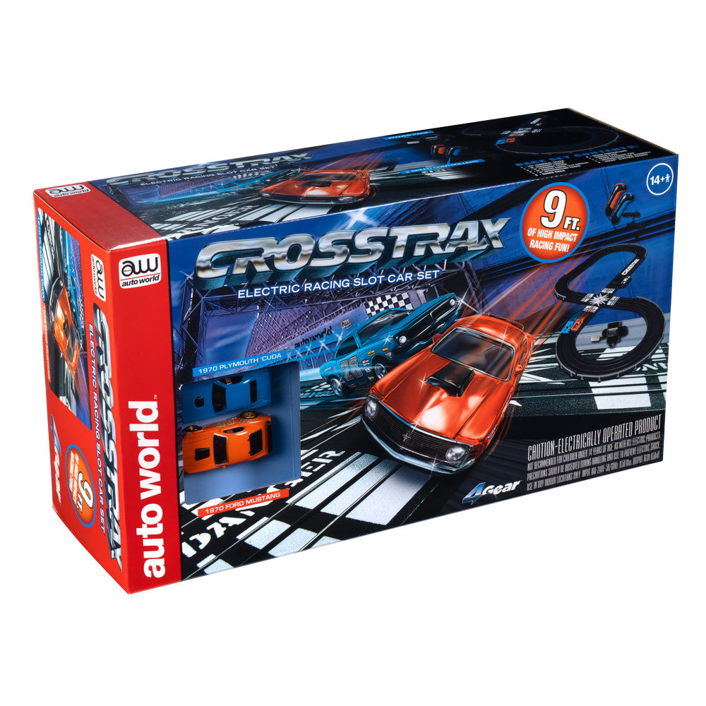 Auto World CrossTrax 9-Foot Slot Car Race Set with Plymouth Cuda & Ford Mustang - High-Speed Racing Toy for Kids & Adults - Perfect for Family Game Nights & Birthday Parties
