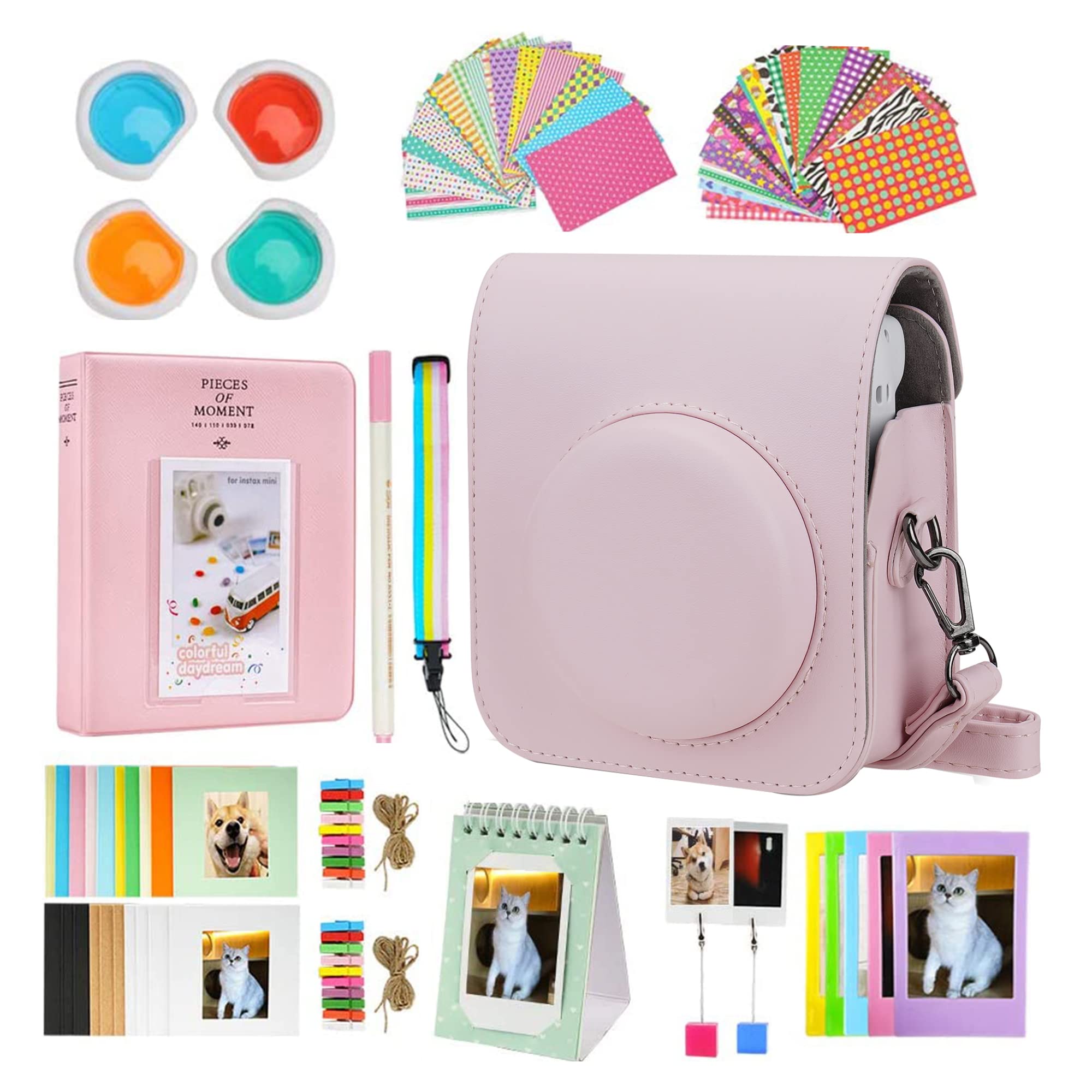Risou Mini 12 Camera Accessories Bundle for Instax Mini 12 - 12-in-1 Kit with Camera Case, Photo Album, Filters, Wall Hanging Frames, Stickers & Pen (Pink) - Perfect for Travel, Parties & Photo Scrapbooking
