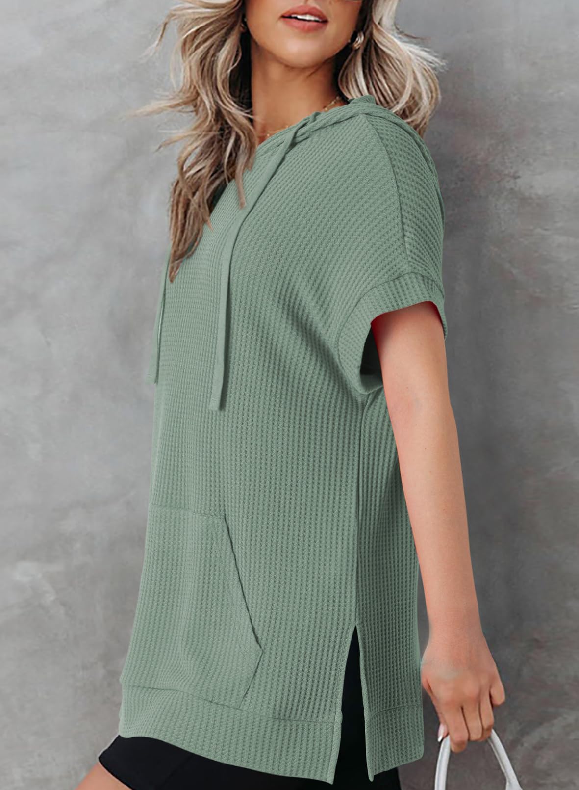 Dokotoo Women's Summer Oversized Shirts 2025 - Short Sleeve Drawstring Hoodies, Waffle Knit Side Slit Tunic Tops with Pocket - Casual Beachwear, Vacation Outfits & Lounge Wear