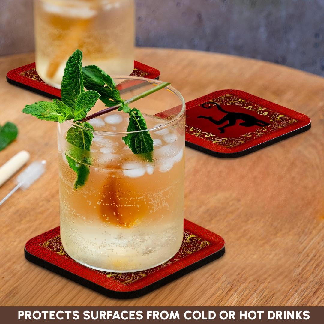 3D Chinese Zodiac Year of The Monkey Soft Coasters Set of 4 - Red, Gold & Black for Chinese New Year Celebrations, Home Decor & Party Supplies
