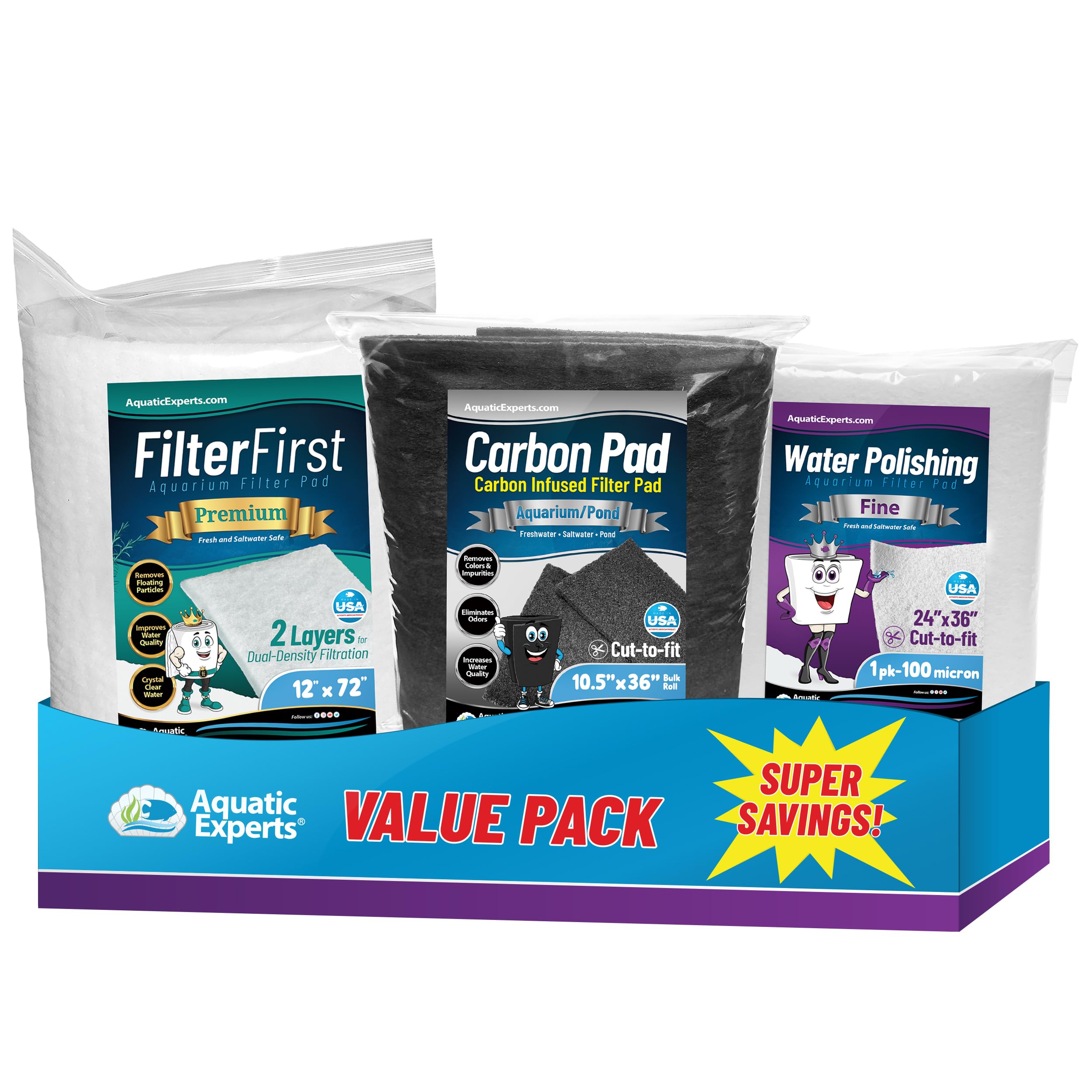 Aquatic Experts Aquarium Filter Media Bundle - 100 Micron Polishing Pad, Carbon Pad & Filter Floss for Crystal Clear Water | Perfect for Freshwater & Saltwater Fish Tanks, Reef Aquariums & Aquatic Plant Tanks