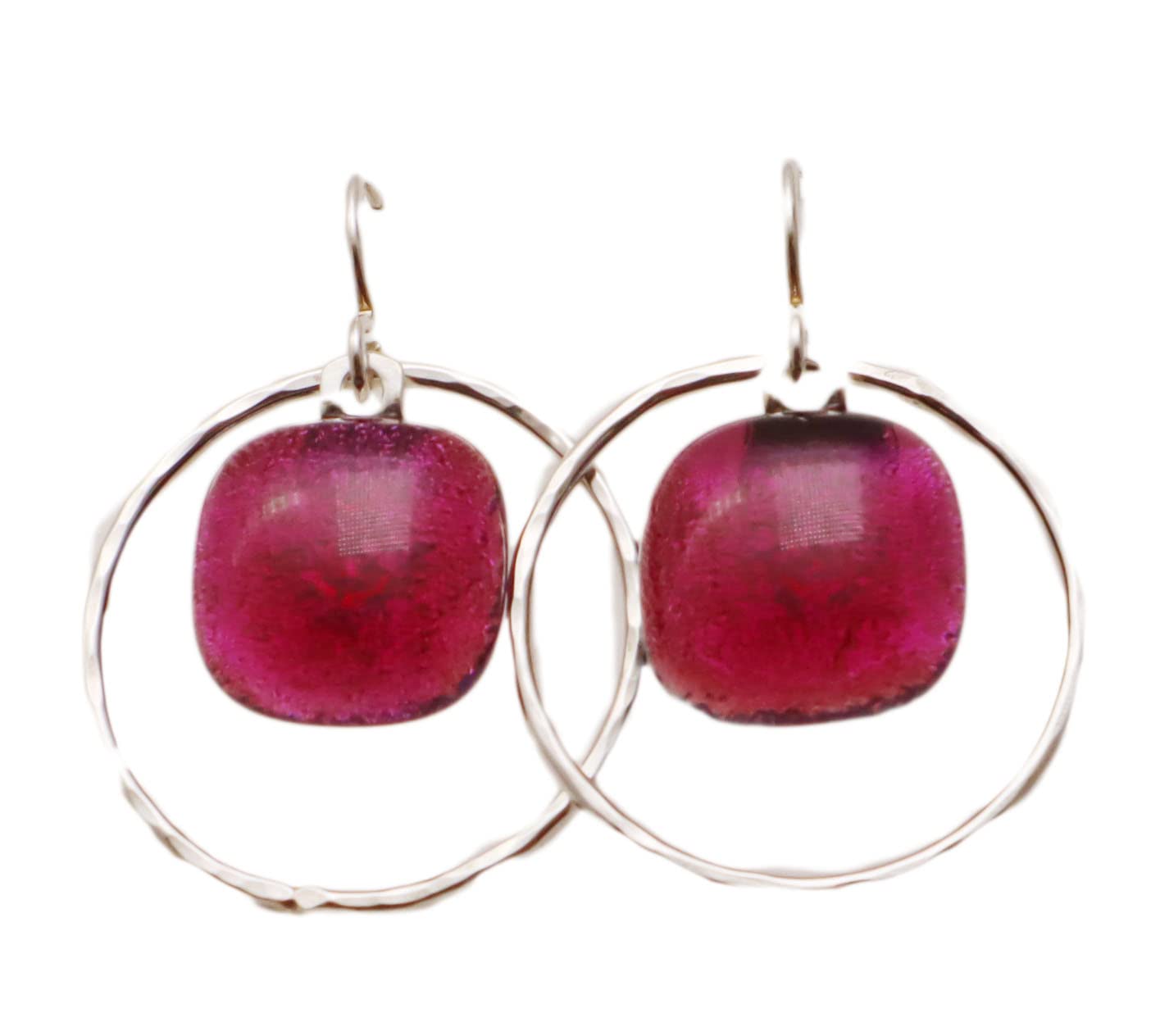 Sterling Silver Hammered Hoop Earrings with Fused Plum Rose Dichroic Glass - Elegant Dangle Earrings for Women, Perfect for Parties, Weddings & Everyday Wear