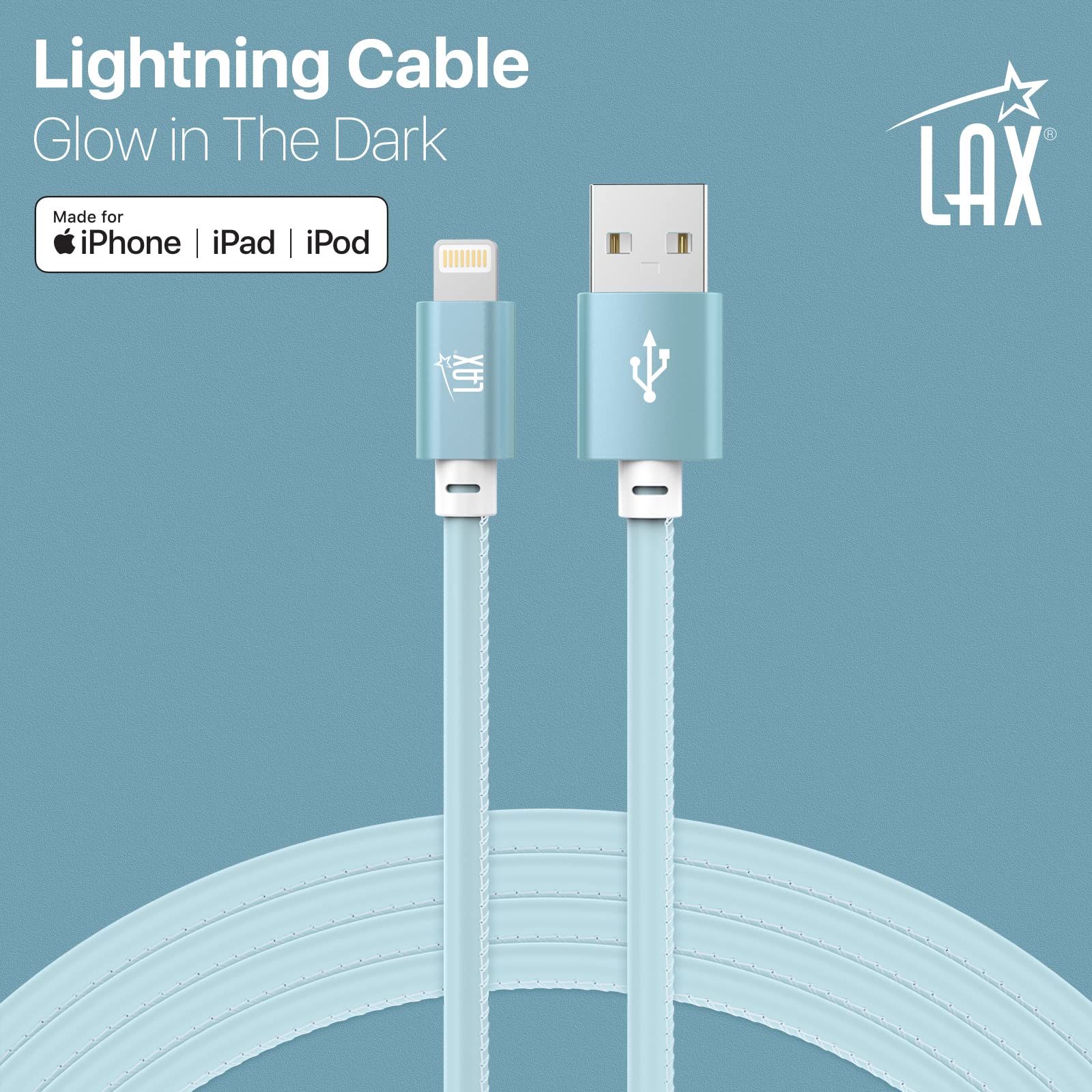 LAX USB A to Lightning Cable - Glow in The Dark Apple MFI Certified Fast Charging Cable for iPhone 14/13/12/11/X/8/7, iPad, iPod - 10ft Blue - Durable & Tangle-Free for Home, Office, Car Charging