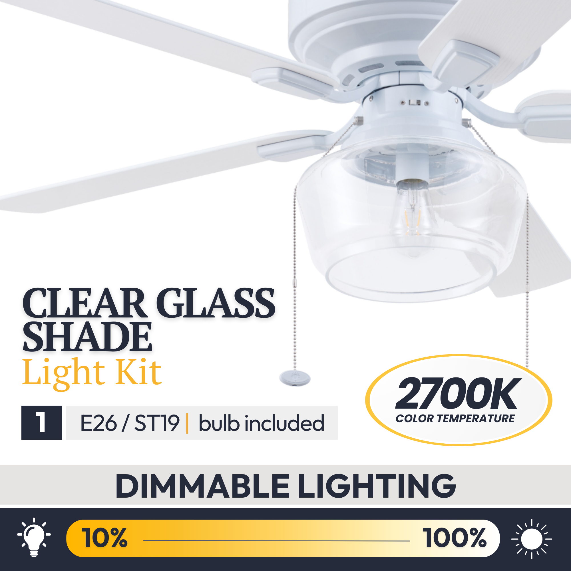 52 Inch White MaCenna Ceiling Fan with Pull Chain & Quick Attach™ - Perfect for Living Room, Bedroom, and Office Spaces