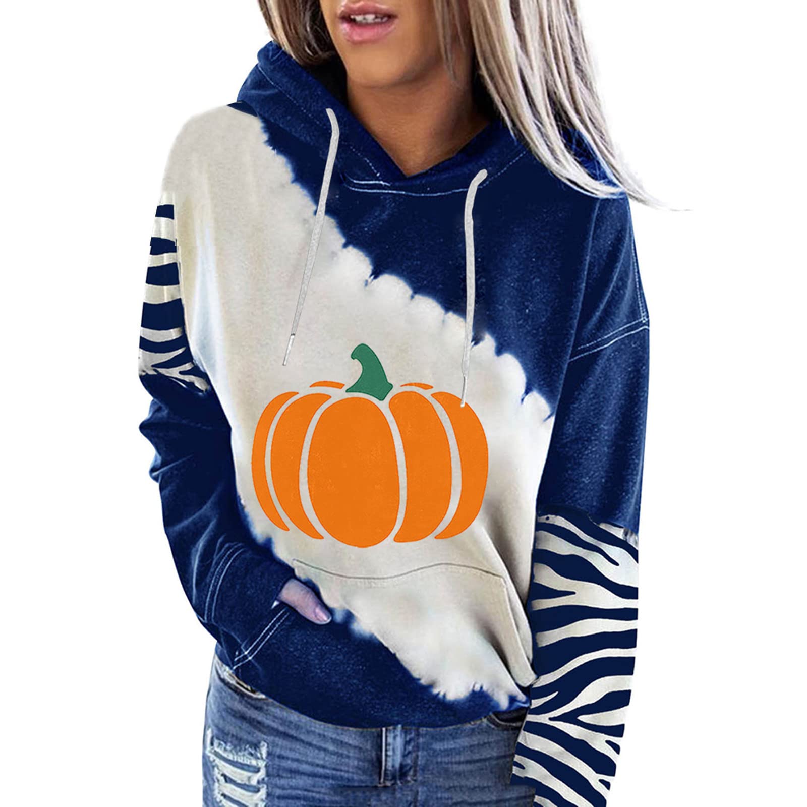 Women's Halloween Hoodie - Cute Pumpkin Print Drawstring Pullover Sweatshirt | Patchwork Long Sleeve Shirt for Costume Parties & Fall Fashion