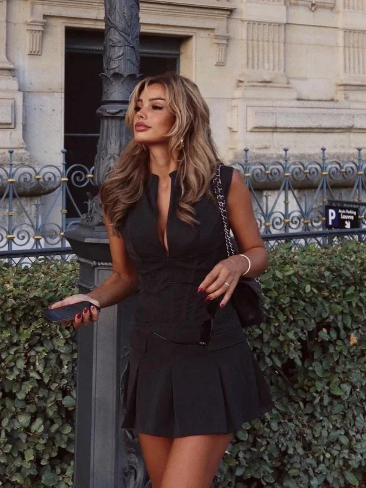 2023 Fashionable Sleeveless Women's Blazer Dress with Pockets - Gray Office Lady A-Line Dress for Work & Casual Wear | Perfect for Business Meetings, Office Outfits & Smart Casual Occasions