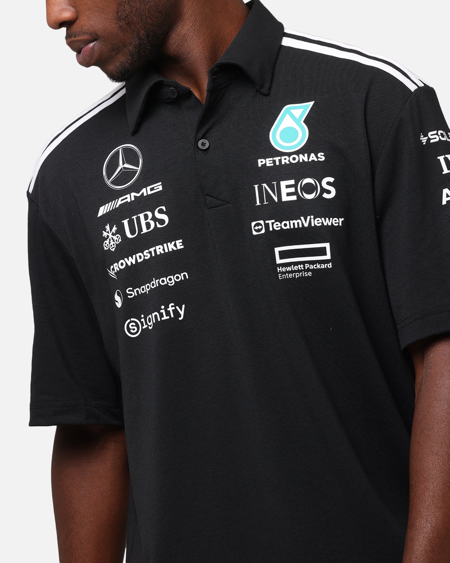 Adidas x Mercedes AMG Petronas Formula One F1 2025 Team Polo Shirt - Black & White - Men's Performance Golf & Casual Wear