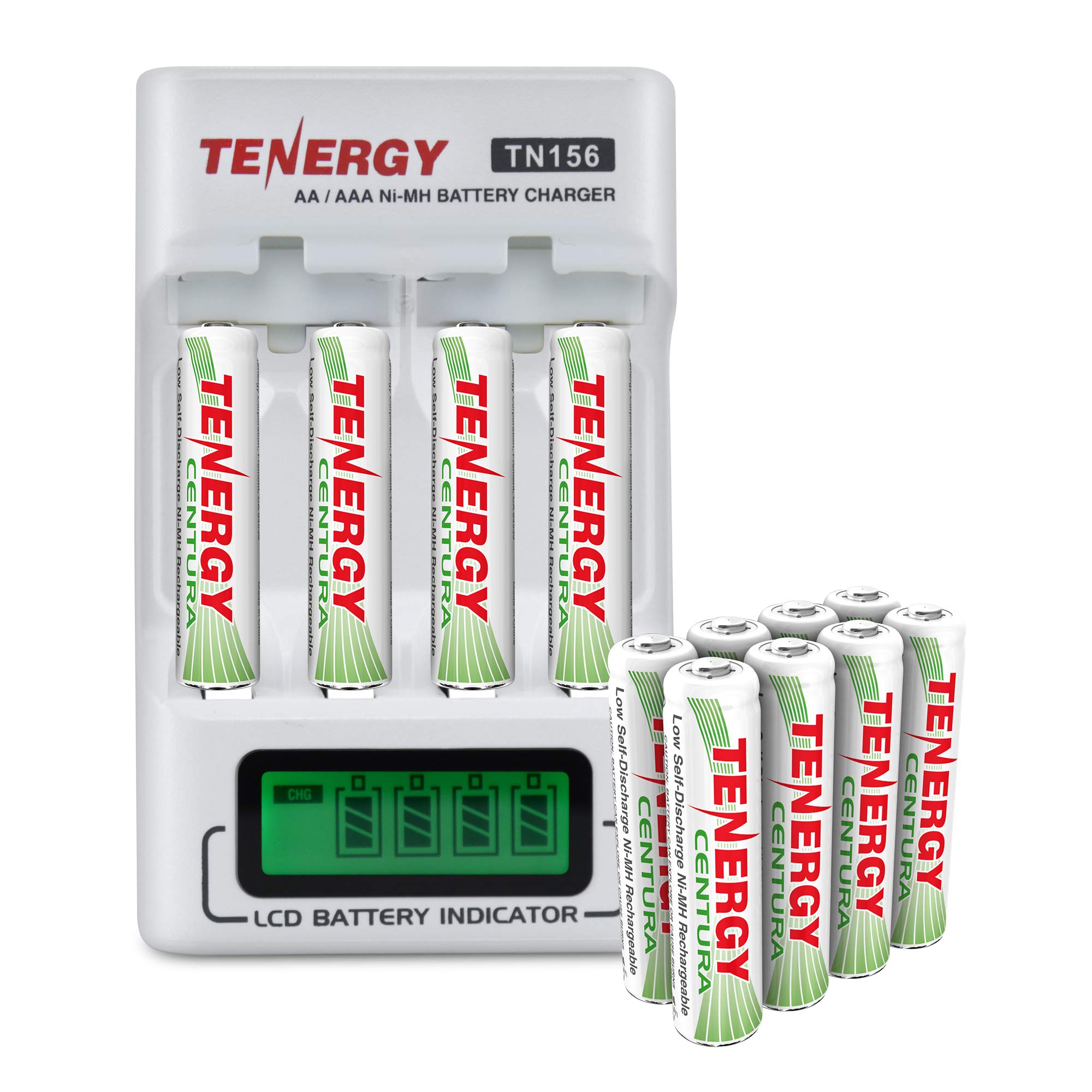 Tenergy TN156 4-Bay AA/AAA NiMH LCD Battery Charger with 12 Pack Centura AAA Rechargeable Batteries - Fast Charging for Cameras, Toys, and Home Electronics