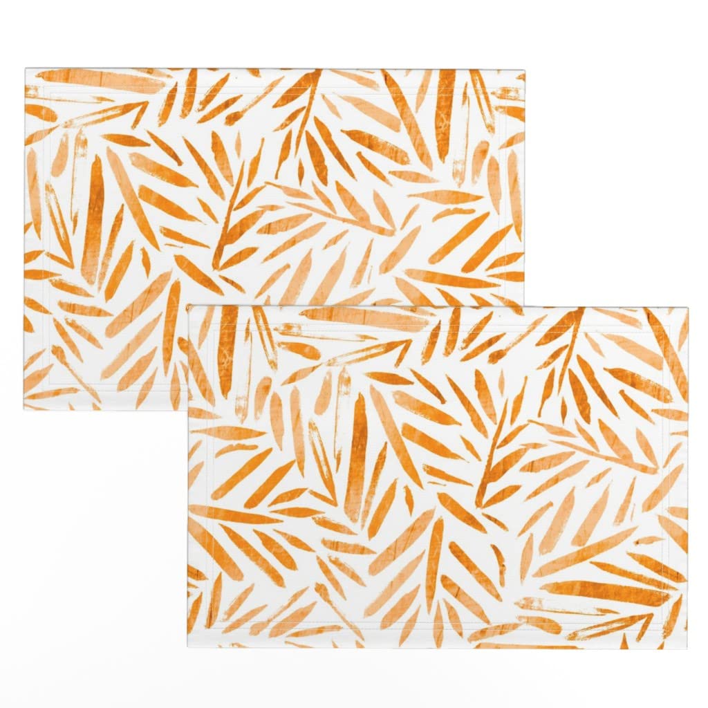 Premium Linen Cotton Canvas Placemats Set of 2 - Tropical Orange Leaf Palm Bamboo Rustic Print Table Mats for Dining, Kitchen & Home Decor | Washable & Durable