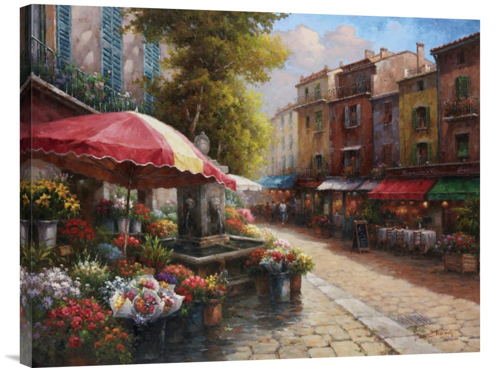 Budget Han Chang Flower Market Cafe Gallery Wrap Giclee Canvas Print Wall Art - Vibrant Floral Painting for Living Room, Bedroom & Office Decor