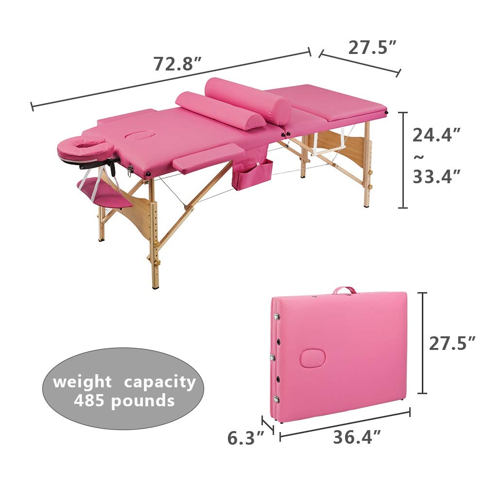 Pink 3-Section Folding Portable Massage Table Set - 70CM Wide for Home Spa, Salon & Professional Use