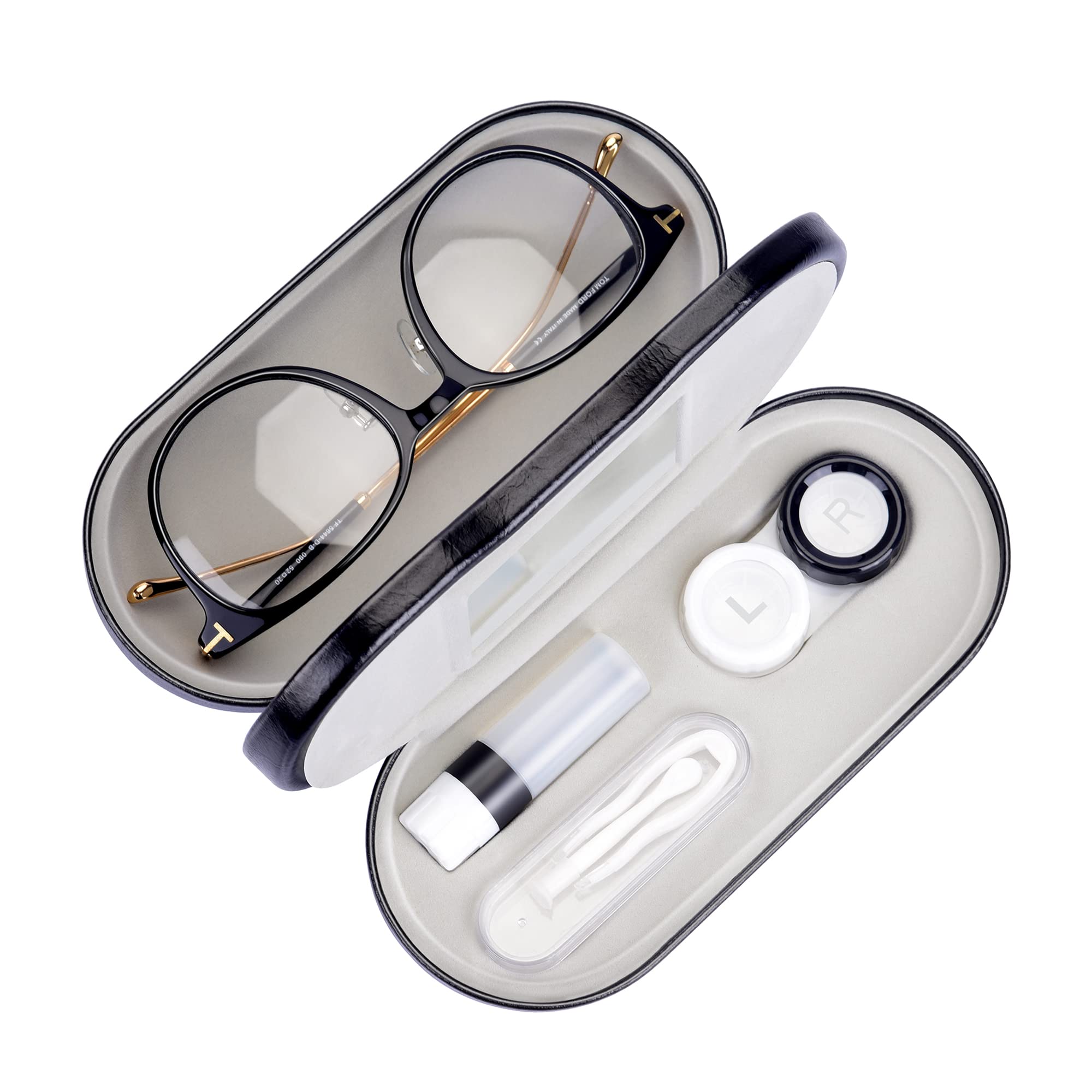 2 in 1 Portable Contact Lens & Glasses Case with Mirror - Dual Use Travel Kit Includes Tweezer & Solution Bottle | Perfect for Travel, Gym, and Daily Storage (Black)