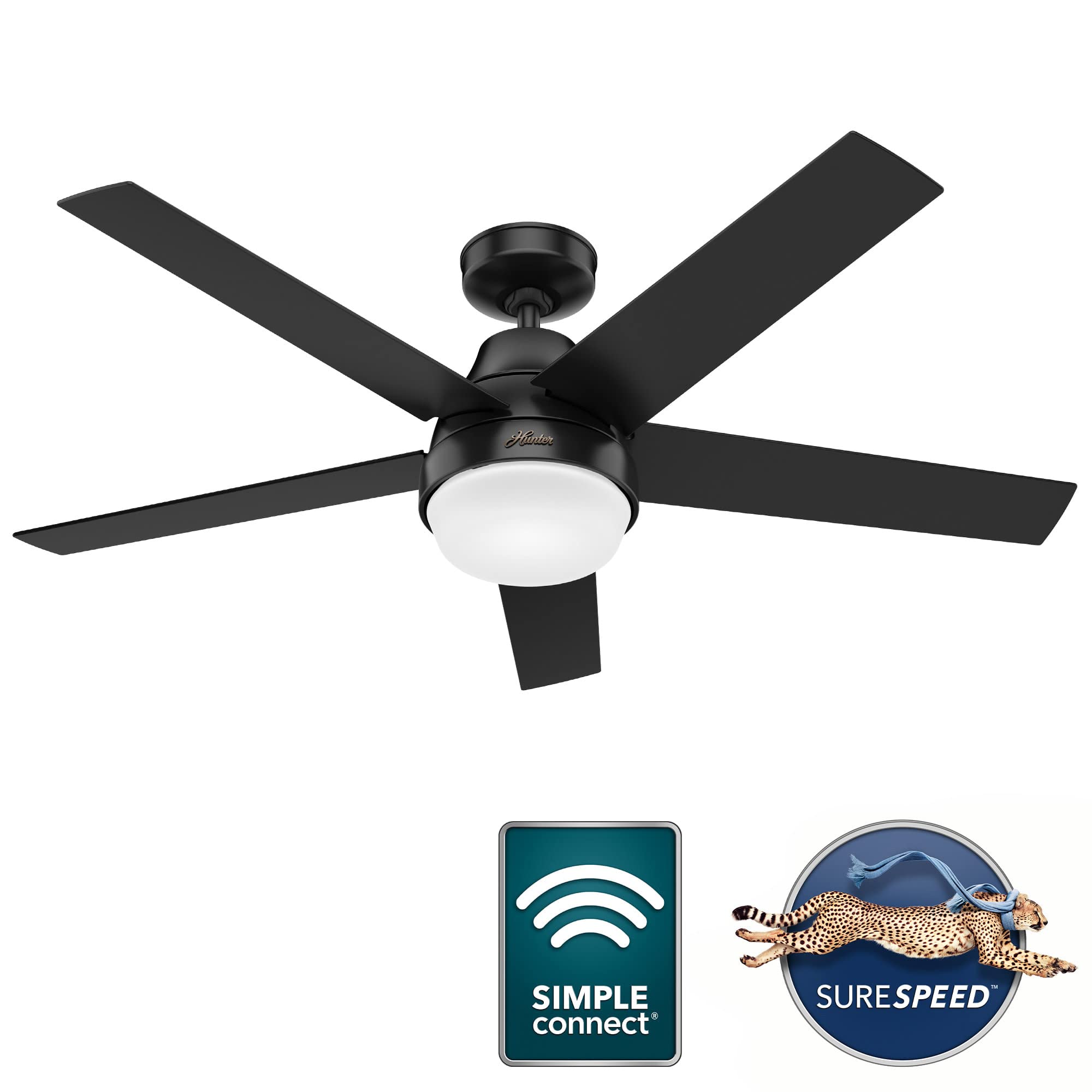 Hunter Aerodyne 52 Inch Ceiling Fan with LED Light and Remote Control, Matte Black Finish - Perfect for Living Room, Bedroom, and Outdoor Patio Cooling
