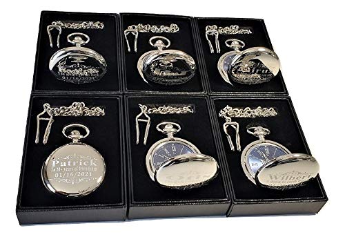 8 Custom Engraved Vintage Pocket Watches with Stainless Steel Chains & Gift Box - Perfect for Weddings, Groomsmen, Best Man Gifts (Black) - Ideal for Anniversary, Graduation & Special Occasion Presents