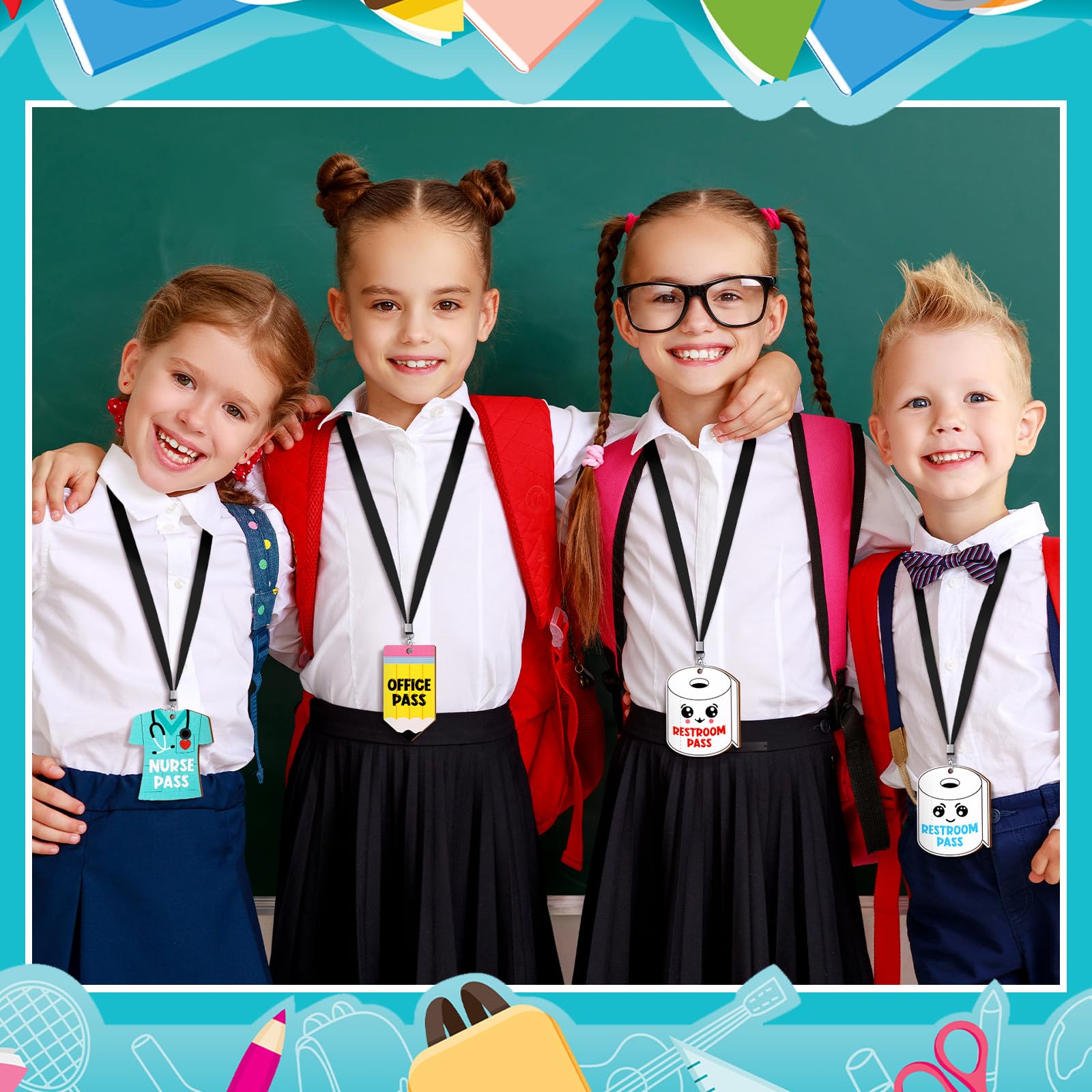 Sabary 6 Sets Unbreakable Wooden Hall Pass Lanyards with School Passes - Durable Classroom Bathroom Passes for Hall, Restroom, Library, Office & Nurse - Perfect Teacher Supplies Gift (Cute Style) - Ideal for Elementary Schools, Middle Schools and Teacher Appreciation Gifts