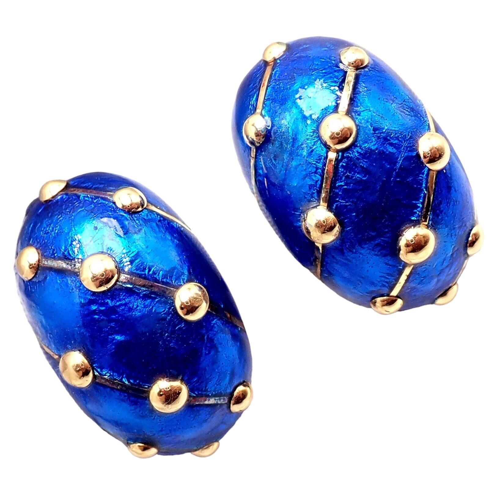Tiffany & Co Schlumberger 18k Yellow Gold Large Blue Enamel Banana Clip Earrings - Luxury Vintage Jewelry for Women, Perfect for Parties, Weddings & Special Occasions
