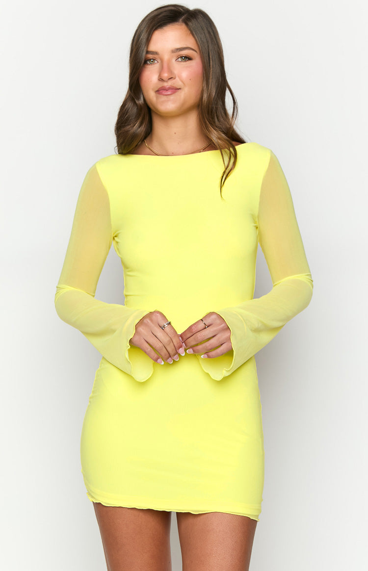 Clyde Yellow Long Sleeve Mini Dress - Women's Fashion Casual Bodycon Dress for Party, Date Night & Fall Outfits