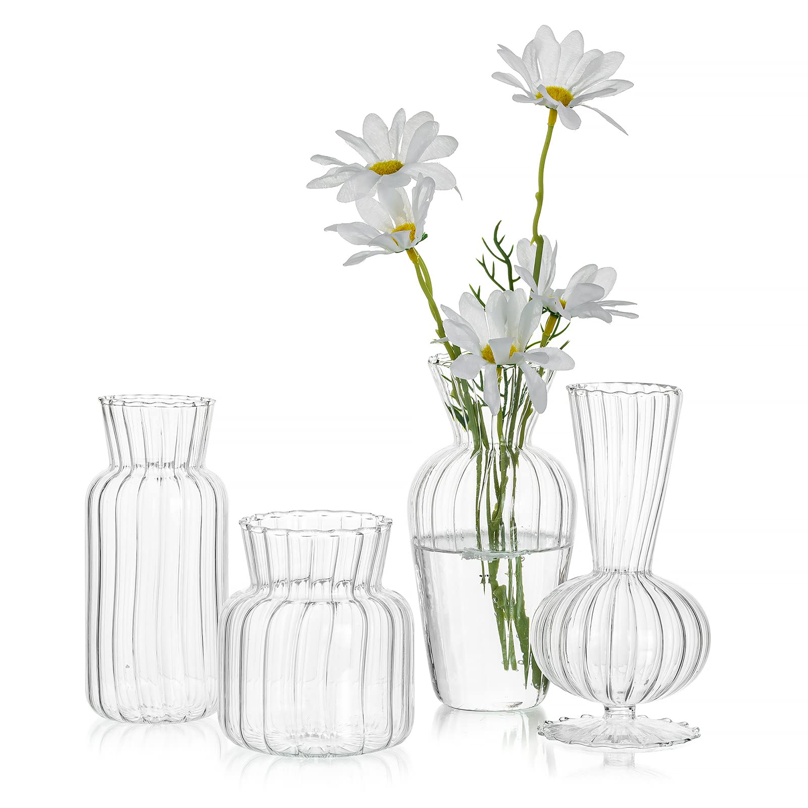 Hewory Mini Clear Glass Vases Set of 4 - Small Bud Vases for Wedding Centerpieces, Home Decor, Table Decorations | Perfect for Floral Arrangements, Party Decor, and DIY Crafts