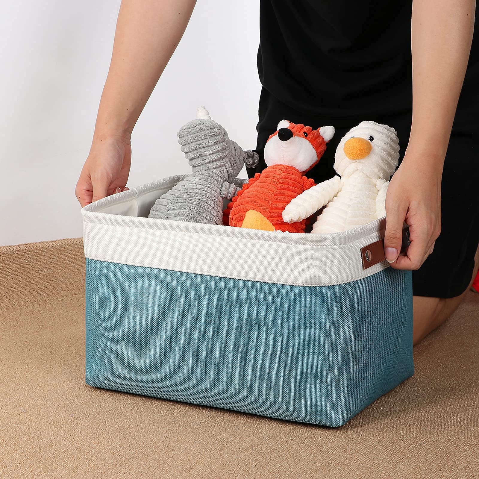 DULLEMELO Collapsible Storage Baskets Set - 3 Medium (15x11x9.5 inches) & 6 Small (11.8x7.9x5.1 inches) Foldable Organizer Bins in White & Teal - Perfect for Home, Office, Closet, Bathroom & Kids Room Organization