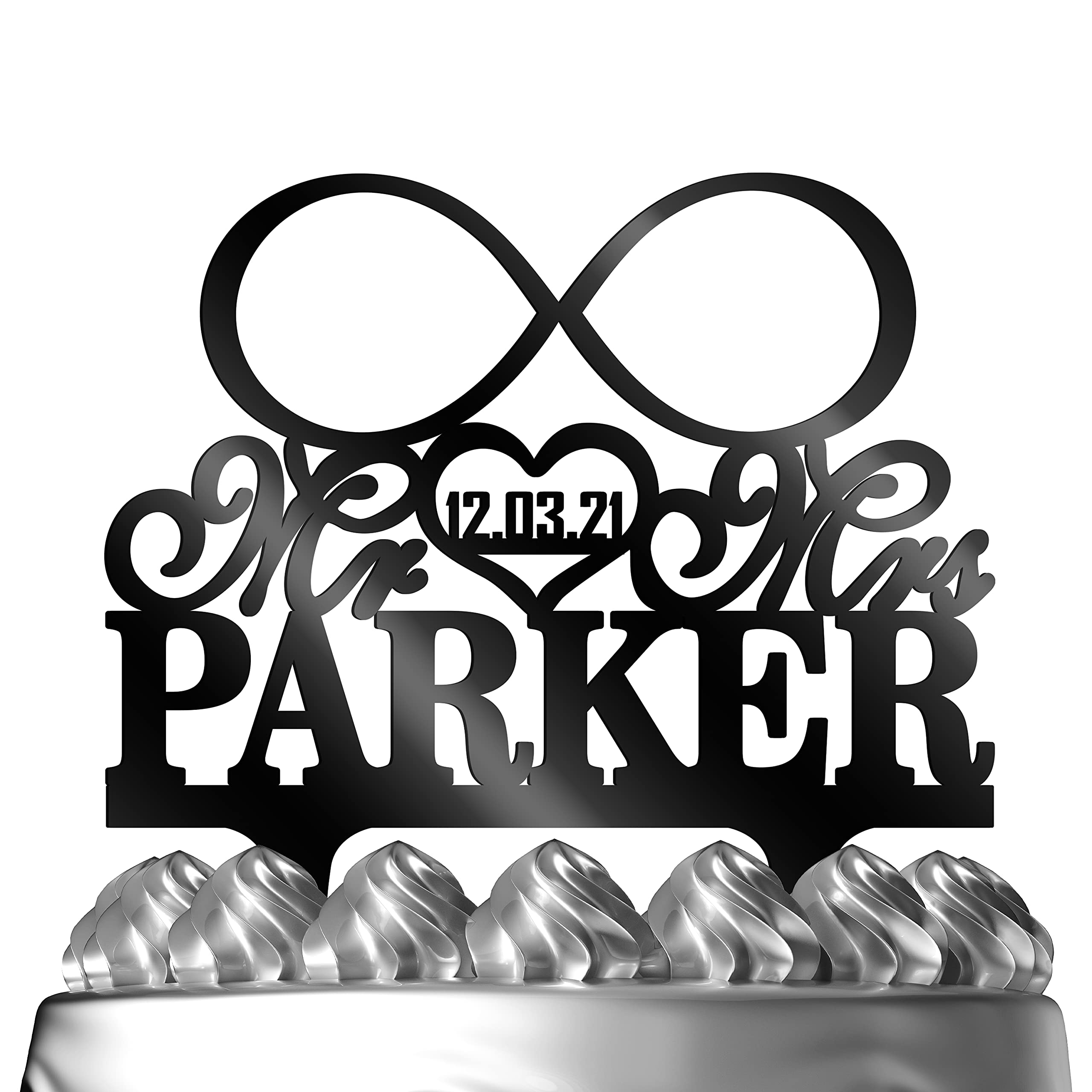 Custom Mr & Mrs Wedding Cake Topper - Personalized Infinity Symbol with Last Name - Elegant Solid Color Cake Decoration for Anniversary, Engagement & Wedding Celebrations