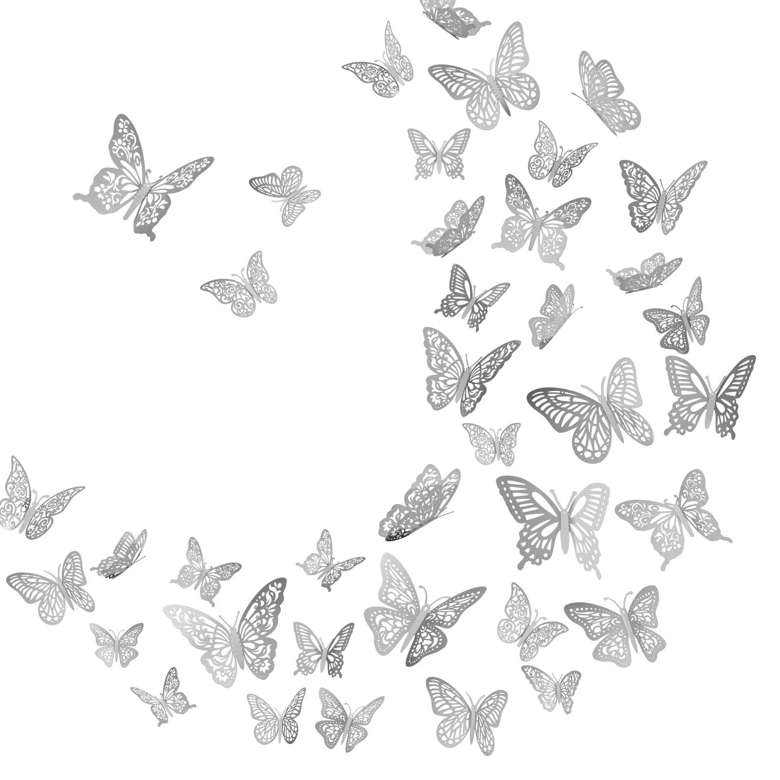 144Pcs 3D Butterfly Wall Stickers - 6 Styles & 3 Sizes Removable Decals for Birthday Party Decor, Kids Room, Wedding, Cake Toppers - Silver Metallic Home Decor for Bedroom, Nursery, Living Room Wall Art