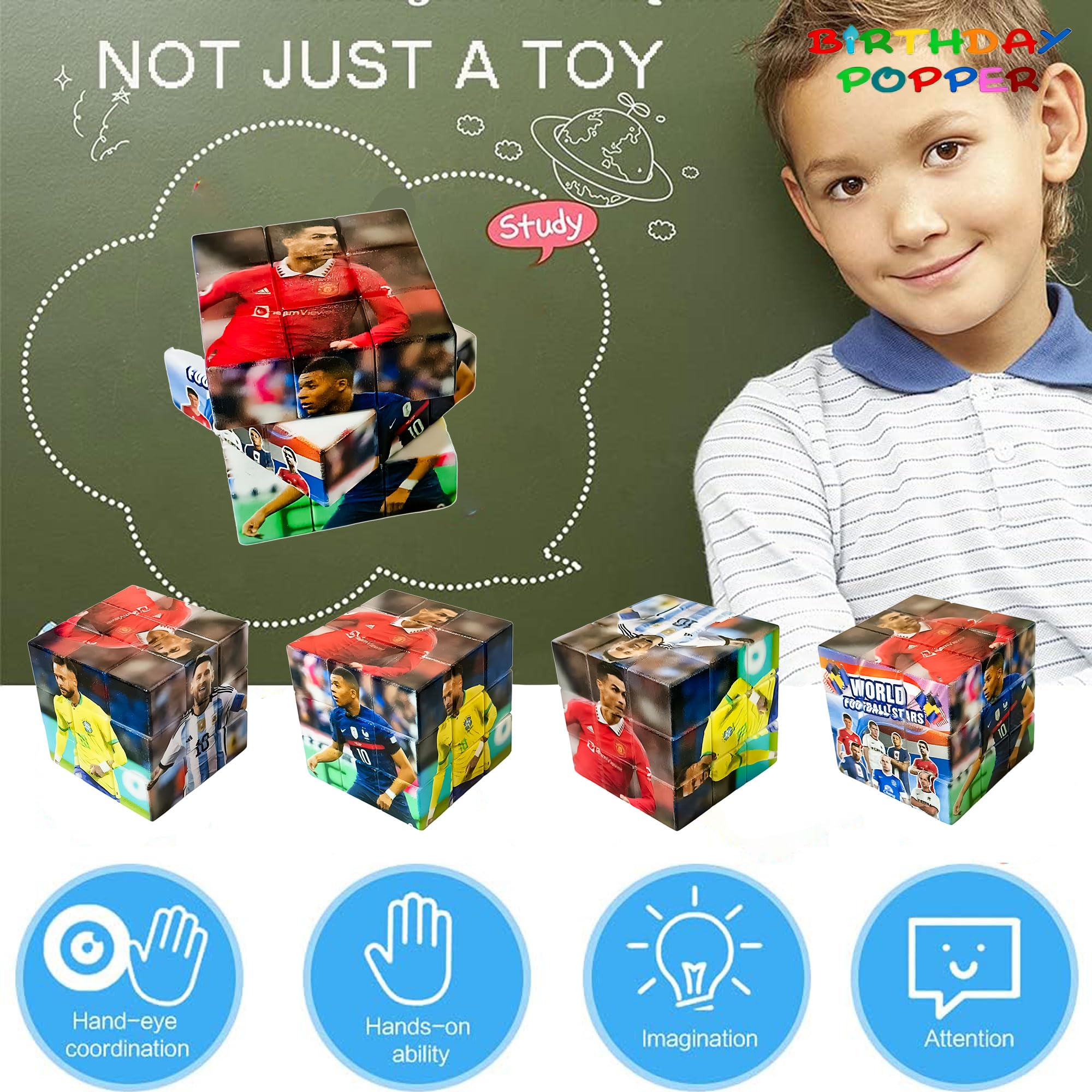 Football Theme Birthday Poppers & Speed Cubes - Set of 6 Stress Relief Puzzle Toys for Kids | Perfect Birthday Party Favors & Return Gifts | Great for Classroom Rewards, Party Games & Cognitive Development Activities