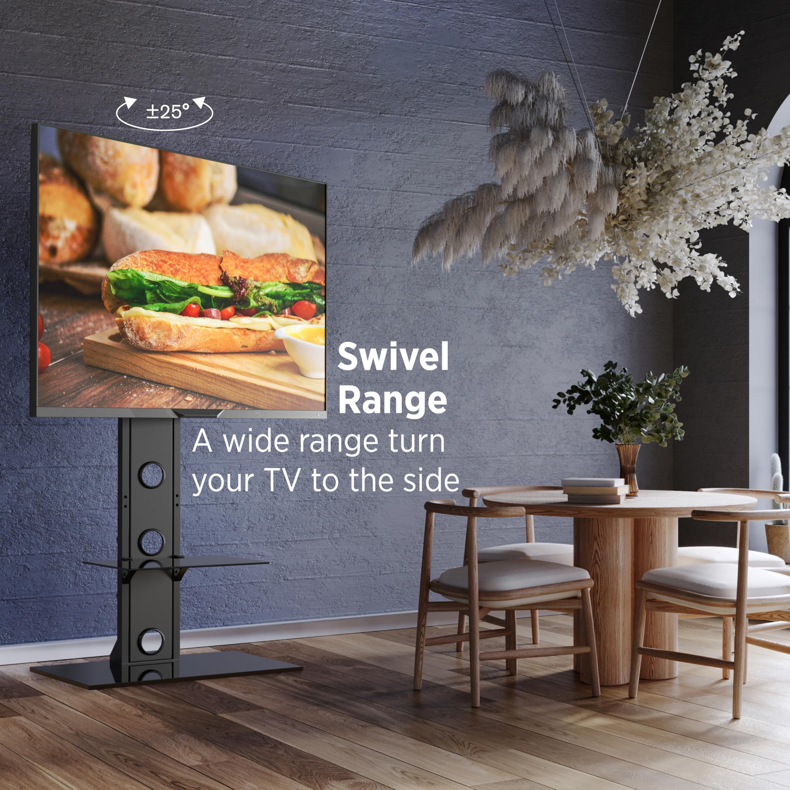 ProMounts Universal Swivel Floor TV Stand for 37-72 Inch TVs - Heavy Duty Adjustable TV Mount with Shelves (±25° Tilt) - Supports up to 110 lbs - Perfect for Living Rooms, Bedrooms & Home Theaters
