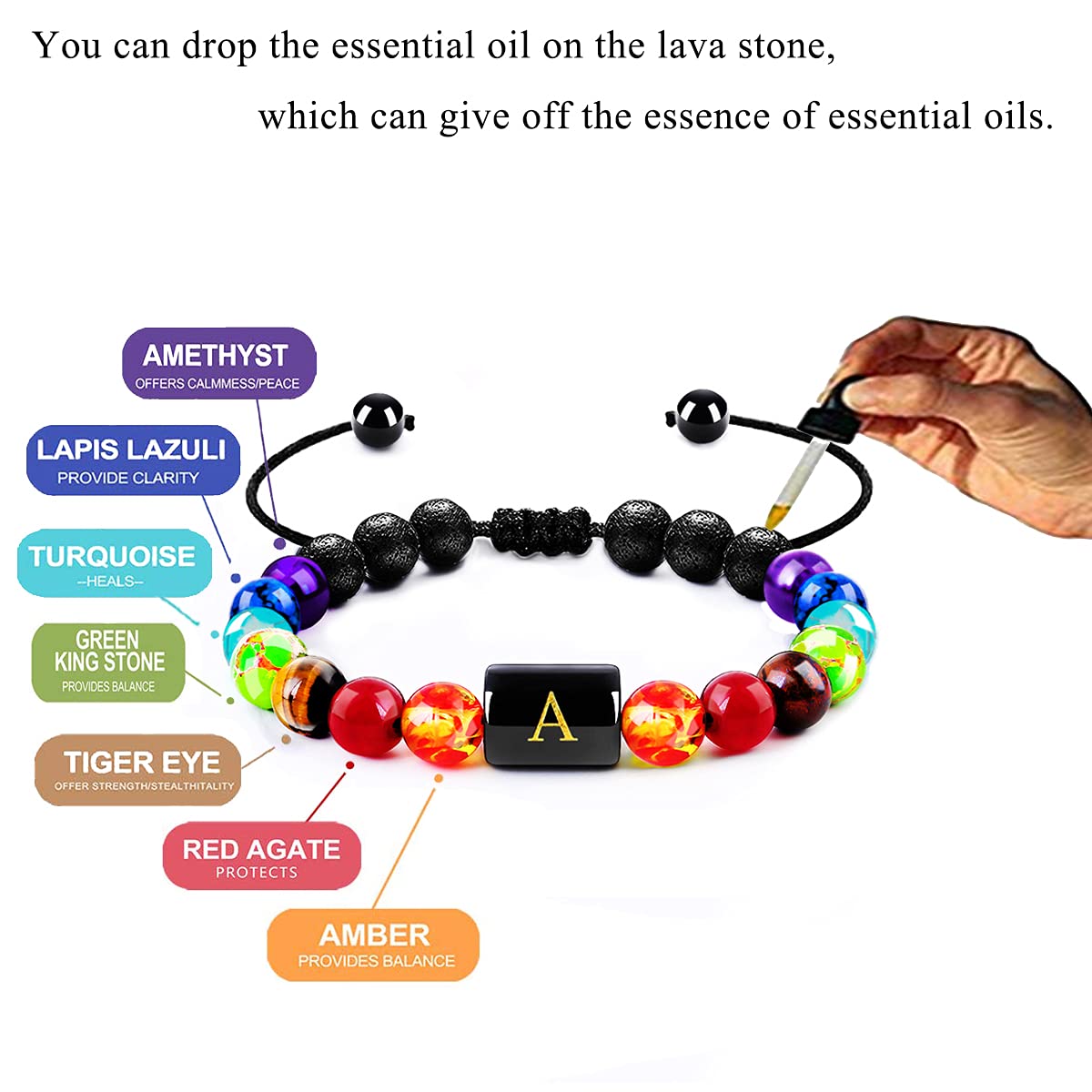 MalYunin Initial Bracelet - Stress Relief & Healing Crystal Bracelet for Women | Yoga, Chakra, Essential Oil Diffuser | Perfect Gift for Meditation, Relaxation & Spiritual Wellness