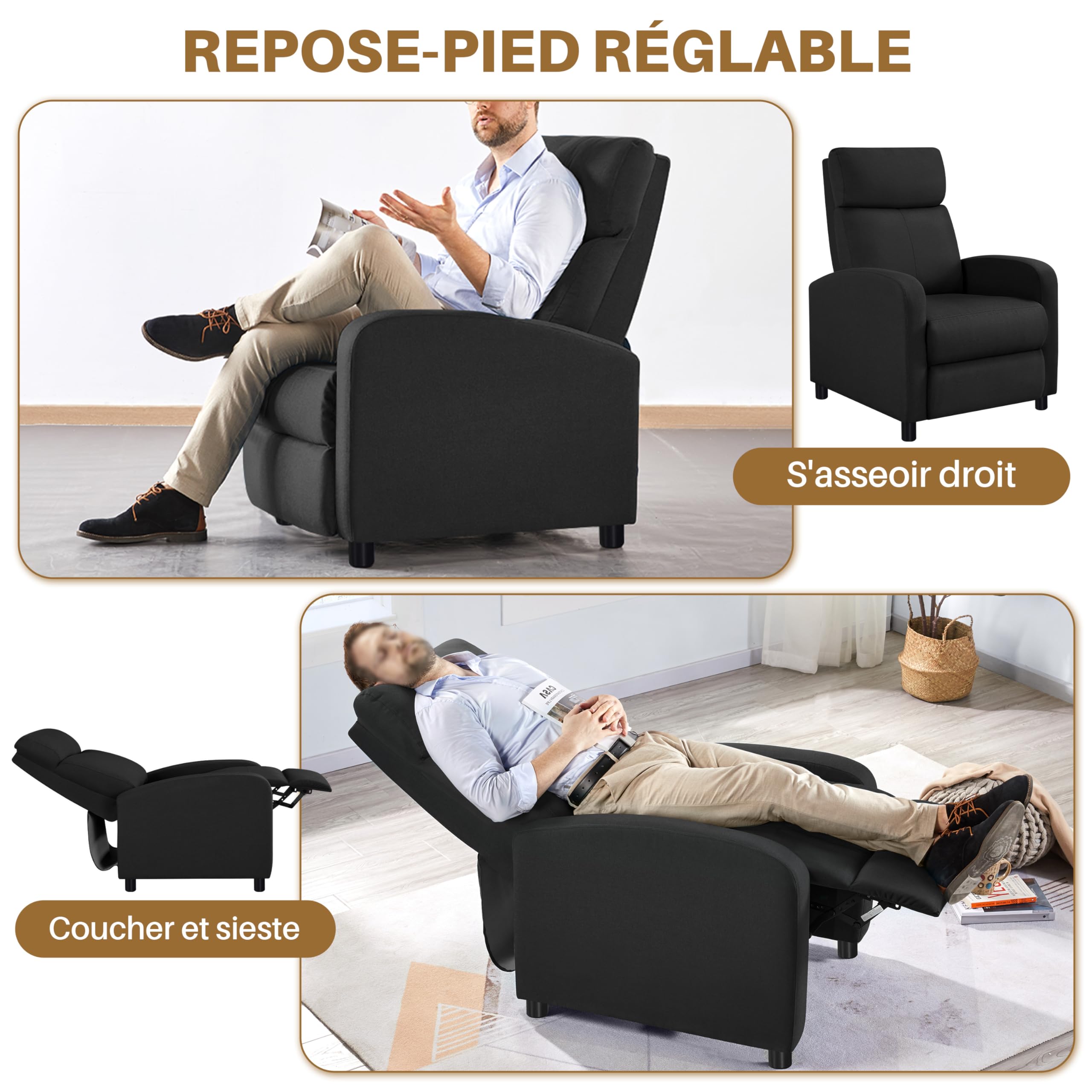 Yaheetech Recliner Chair - Relaxing Lounge Chair with Soft Fabric for Living Room, Bedroom, Home Theater - Comfortable Sofa Seat in Black - Perfect for Movie Nights & Relaxation
