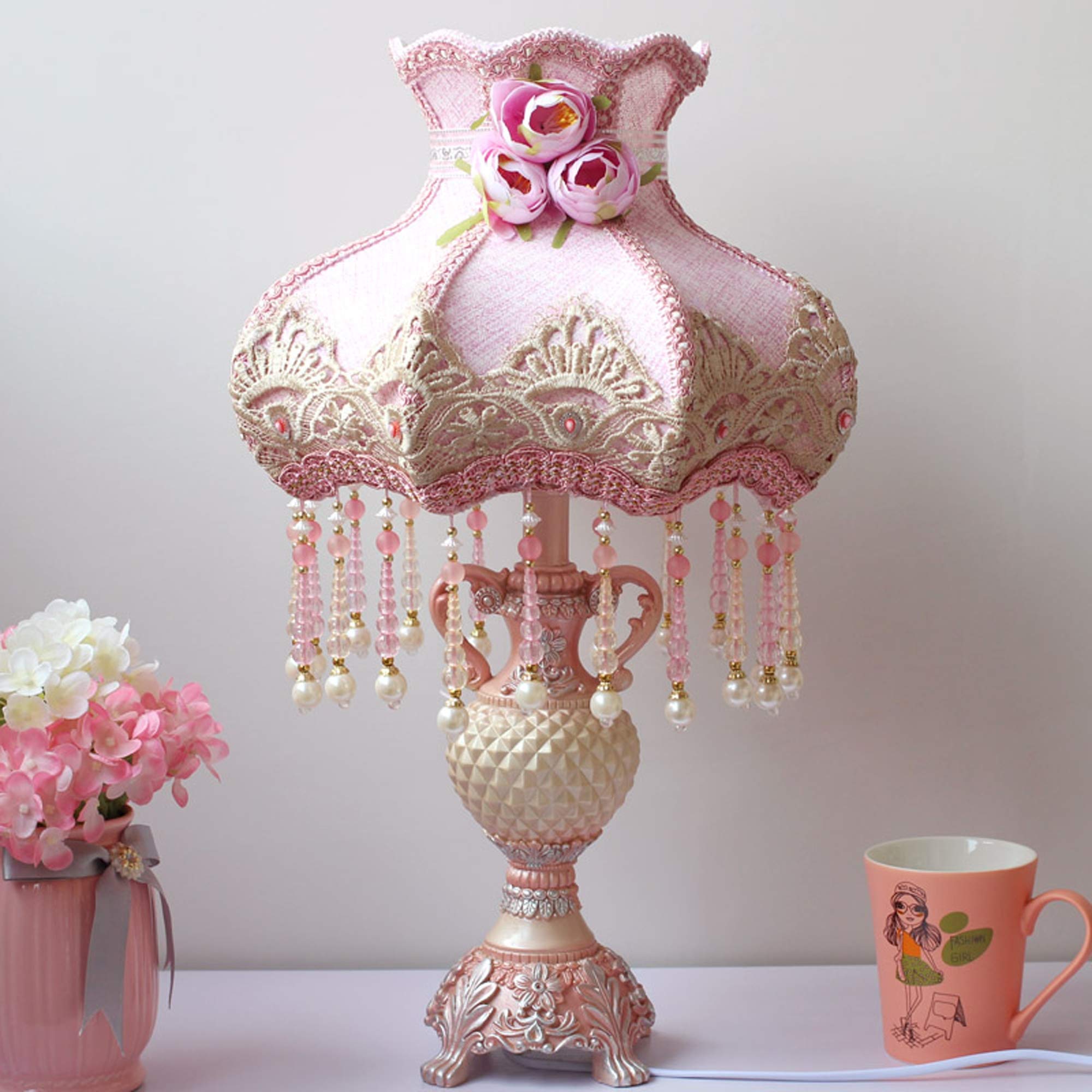 13 Inch European-Style Table Lamp - Handmade Fabric Victorian Princess Bedside Lamp with Resin Brown Painted Body & Pink Shade for Bedroom, Living Room, Office Desk Decor