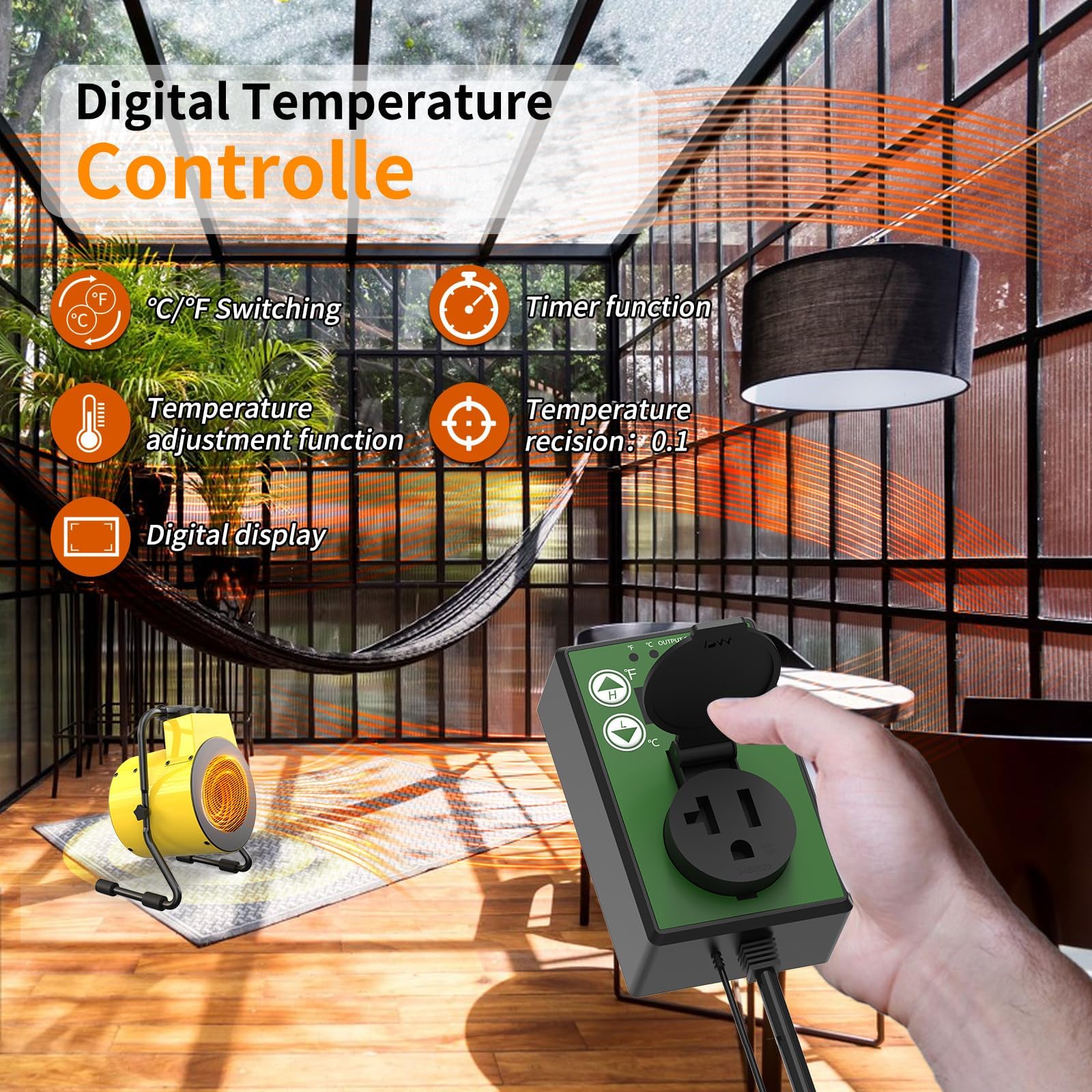 Digital Thermostat Greenhouse Heater with Hygrometer - Portable Outdoor Space Heater for Greenhouses - Fast Heating, Overheat Protection - Ideal for Winter Plant Protection & Seedling Growth (Yellow)