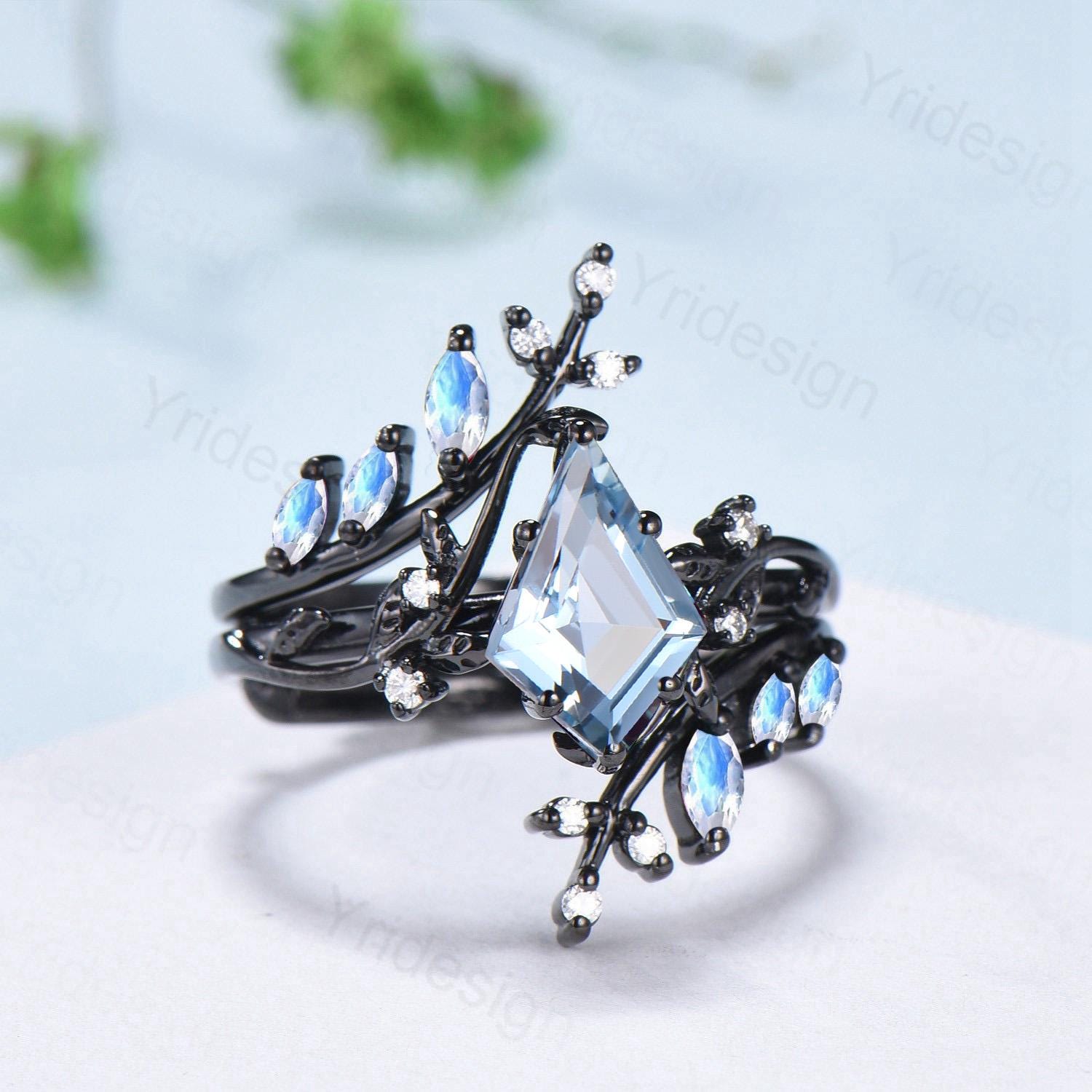Gothic Aquamarine Ring Set - Unique 7x10mm Kite Cut Aquamarine Engagement Ring in Black Gold with Marquise Moonstone - Nature Inspired Wedding Jewelry for Gothic Brides, Boho Weddings & Alternative Fashion