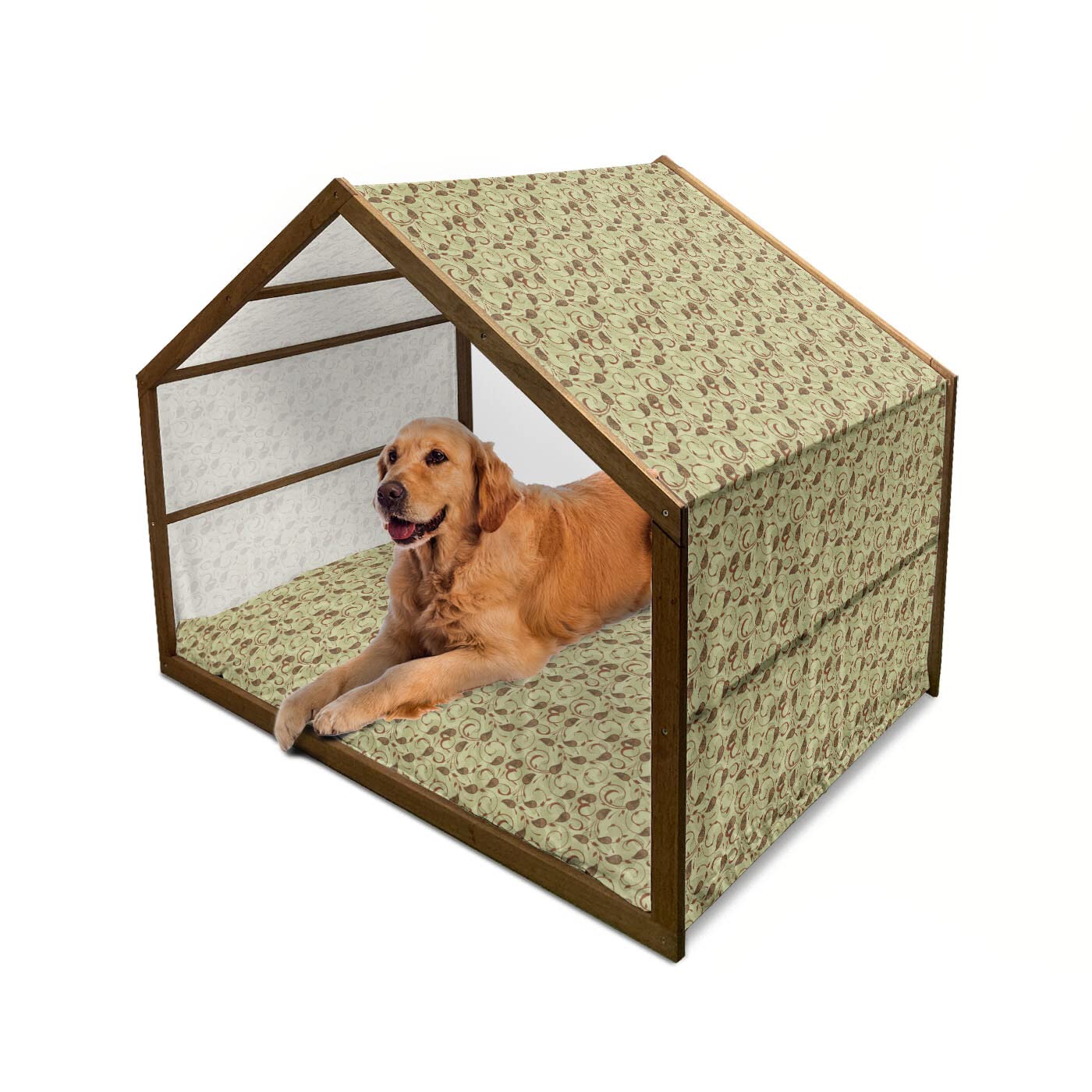Ambesonne Persian Wooden Dog House - Middle Eastern Paisley Motif Design on Pastel Background, Indoor & Outdoor Portable Pet Kennel with Removable Pillow & Cover, 2X-Large Size in Pale Green Brown - Perfect for Backyard, Patio or Living Room Pet Shelter
