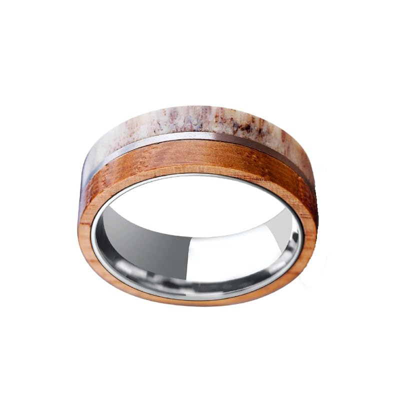 Titanium Antler Whiskey Barrel Ring for Men – 8mm Rustic Bourbon Wood Wedding Band, Deer Stag Design – Perfect Anniversary Gift for Him – Durable & Stylish Titanium Ring for Everyday Wear, Special Occasions & Whiskey Lovers