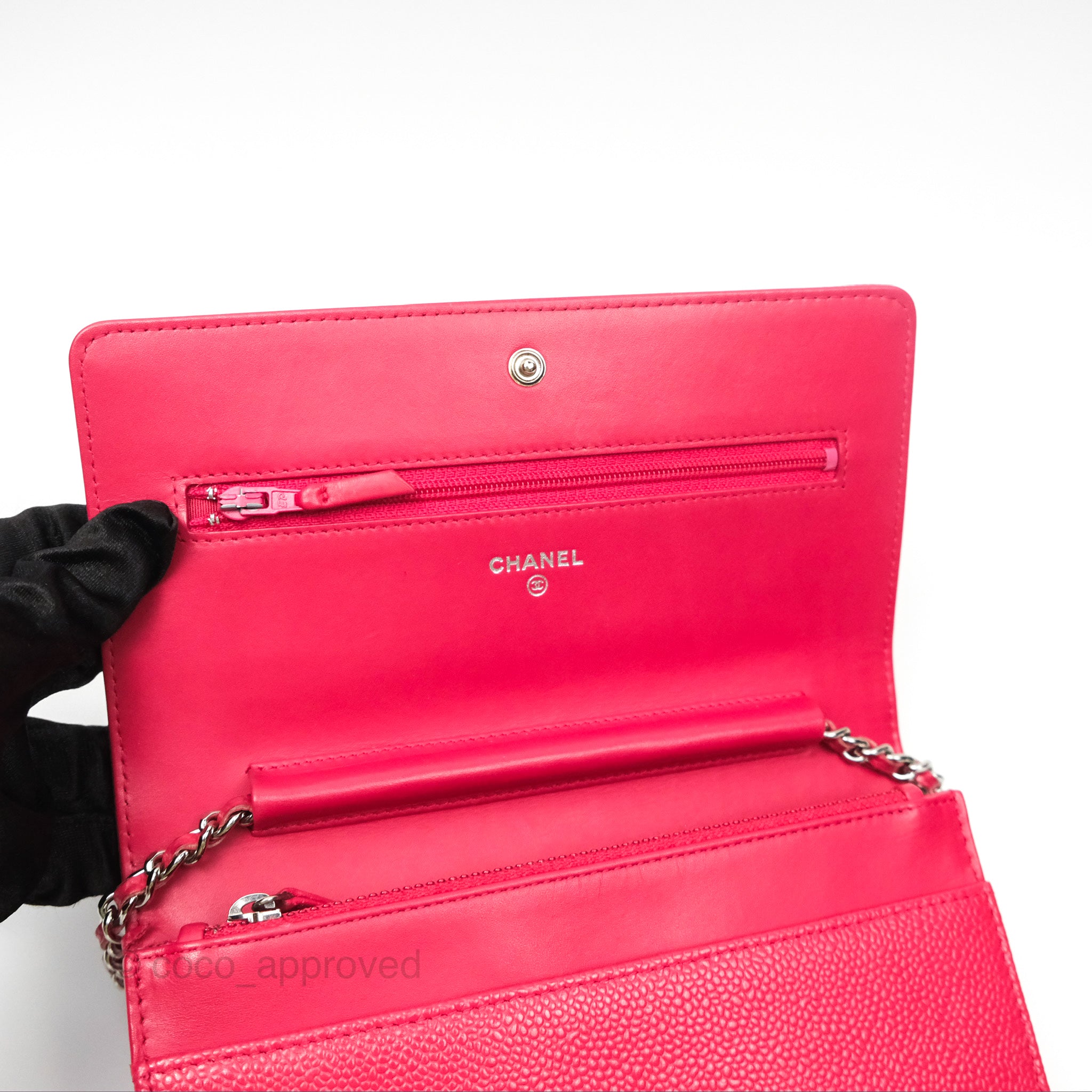 Chanel CC Wallet On Chain WOC in Dark Pink Caviar Leather with Silver Hardware - Perfect for Evening Events, Parties & Luxury Fashion Accessories