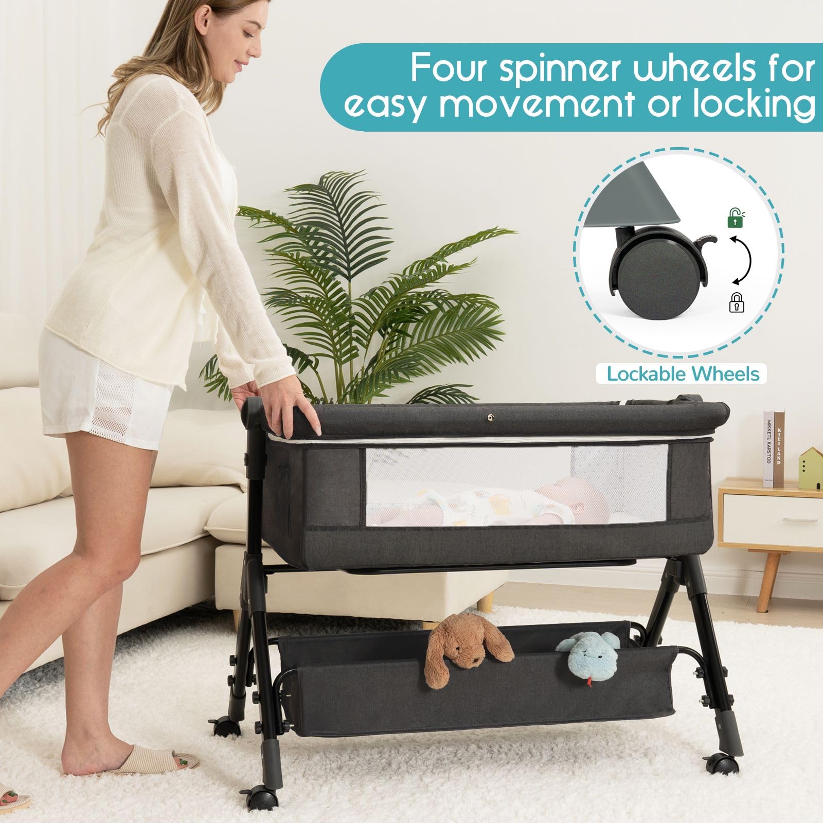 **3-in-1 Portable Baby Bassinet with Wheels & Mosquito Net - Adjustable, Foldable Bedside Sleeper for Newborns & Infants (Dark Grey) - Perfect for Nursery, Travel & Co-Sleeping**