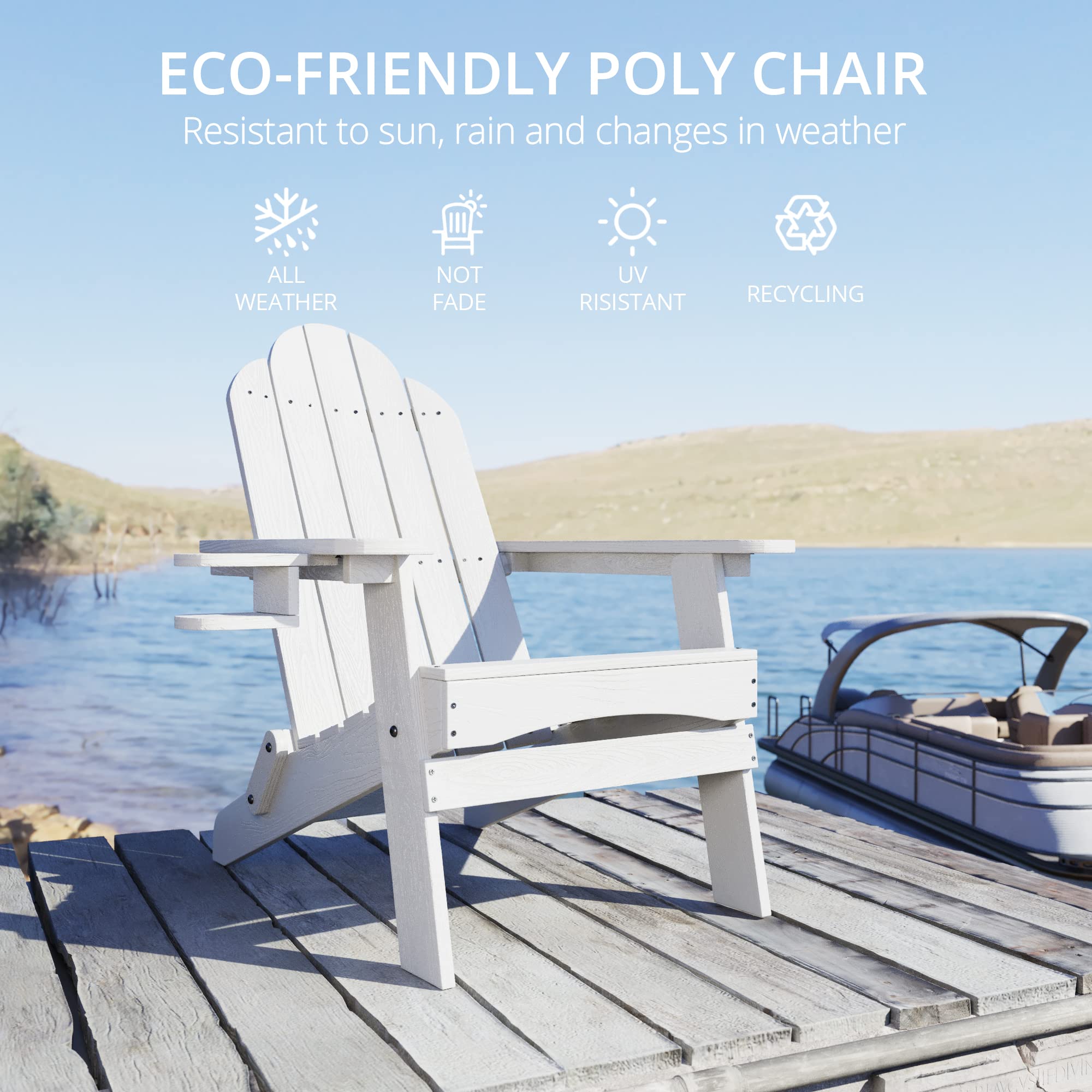 LUE BONA 6-Piece Folding Adirondack Chair Set - White Weather-Resistant HDPS Plastic Outdoor Patio Chairs with Cup Holders - Perfect for Backyard, Poolside, Camping & Fire Pit Gatherings