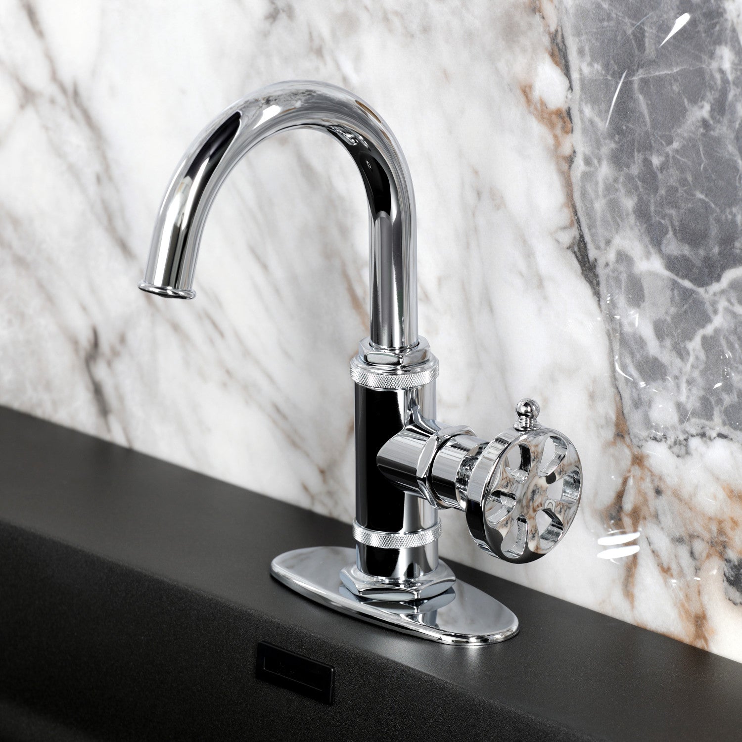 Belknap KSD2211RX Single Handle 1-Hole Bathroom Sink Faucet with Deck Plate & Push Pop-Up Drain, Polished Chrome - Perfect for Modern Bathrooms & Vanities