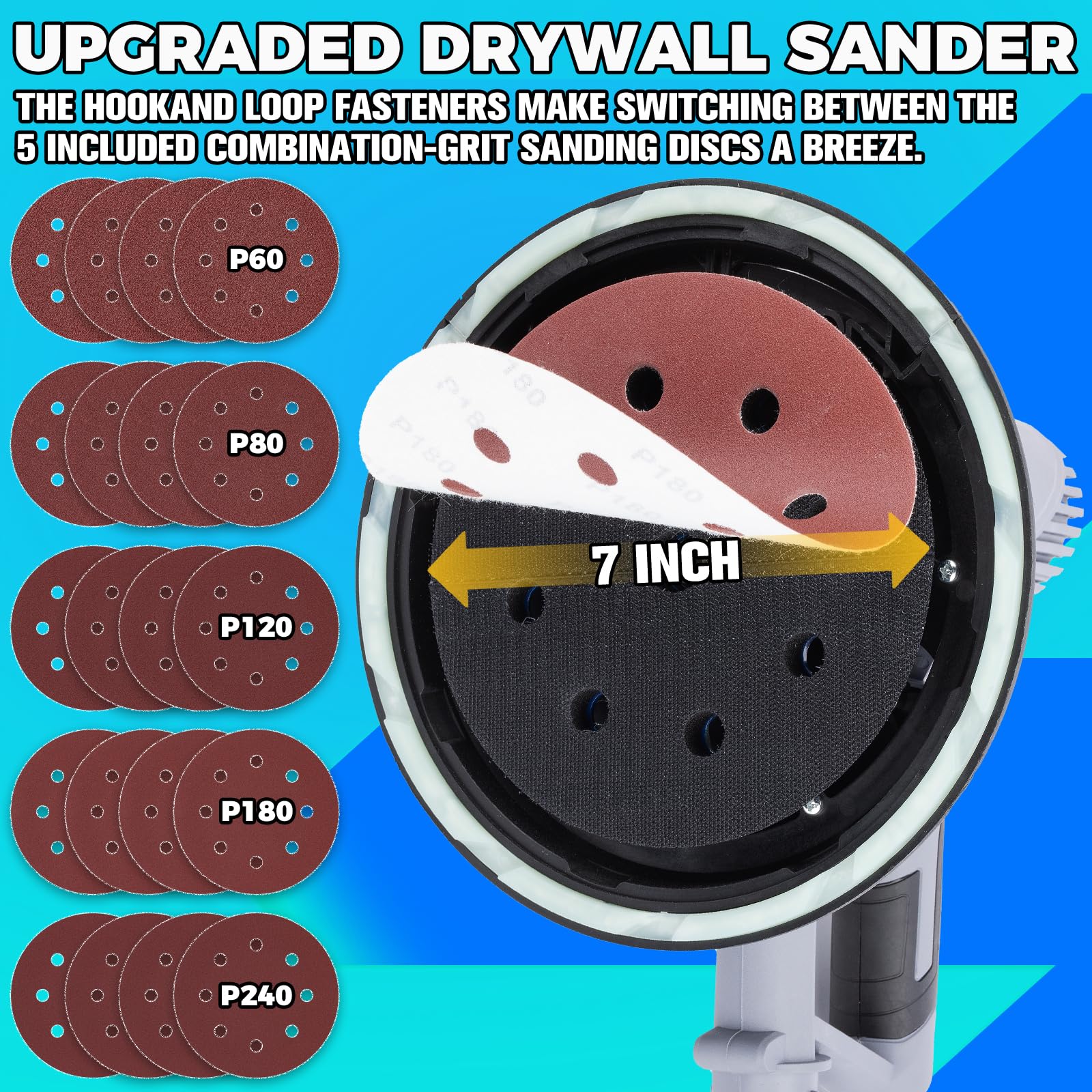 XDOVET 7 Inch Electric Drywall Sander - 710W Powerful Handheld Sander with Vacuum Dust Collector, 6 Variable Speed (1200-2500 RPM), Includes 20 Sanding Discs - Perfect for Drywall Repair, Home Renovation & Professional Construction Projects