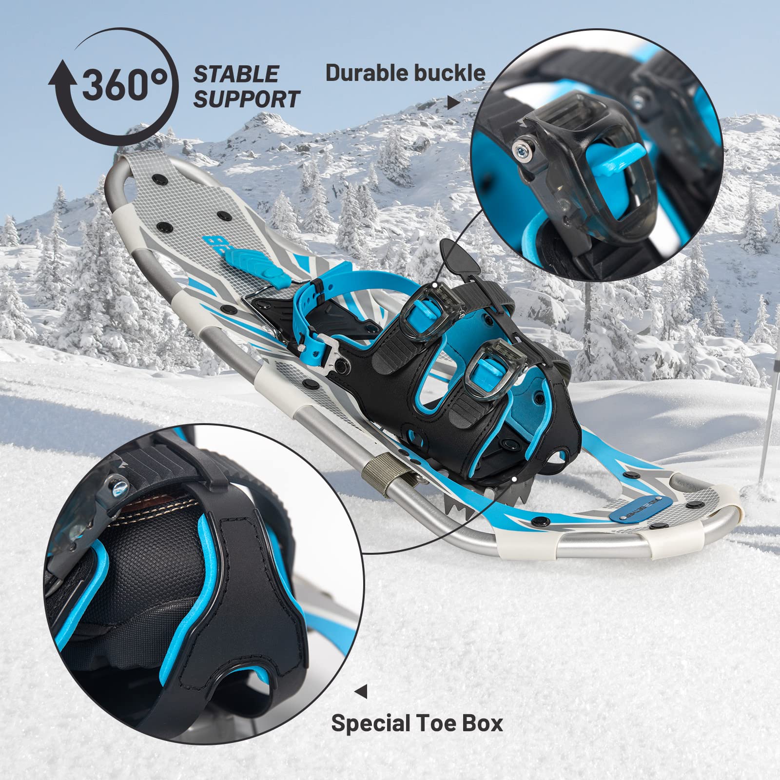 G2 21/25/30/36 Inch Lightweight Snowshoes with Toe Box - EVA Padded Ratchet Binding, Heel Lift & Flexible Pivot Bar - Durable Back Strap, Trekking Poles & Carrying Bag Included - 6 Color Options for Winter Hiking, Backpacking & Snow Adventures