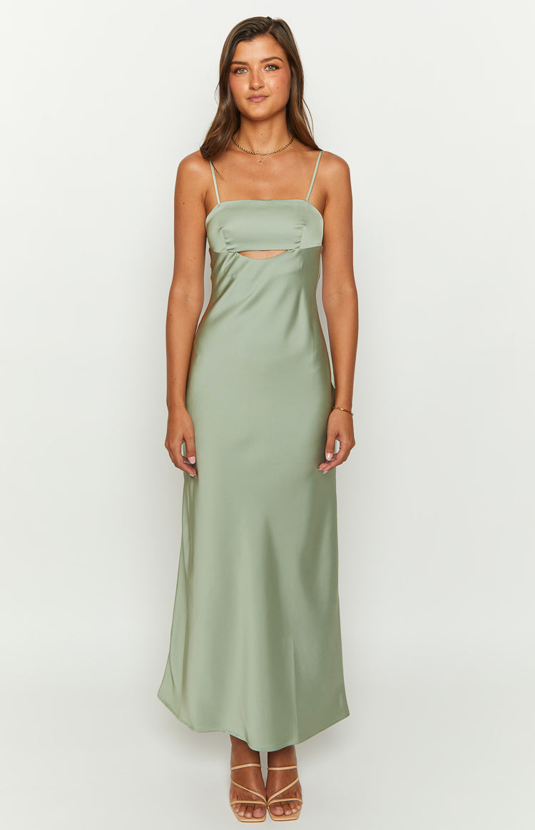 Amour Sage Satin Maxi Dress - Elegant Long Formal Evening Gown for Women, Wedding Guest Dress, Prom & Special Occasions