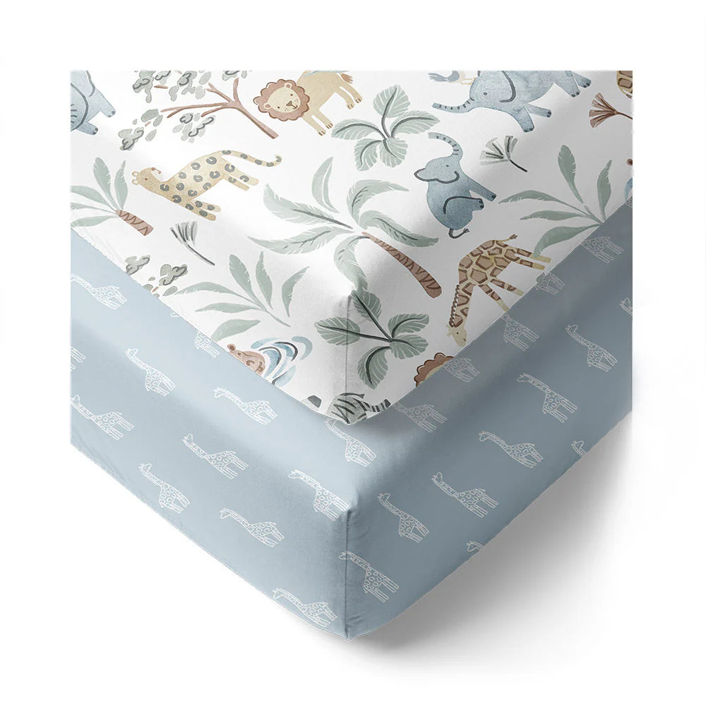 Organic Jersey Cotton Fitted Sheets 2 Pack - Soft Breathable Crib Sheets for Baby, Wild Safari Animal Print - Perfect for Nursery, Daycare & Travel Cribs