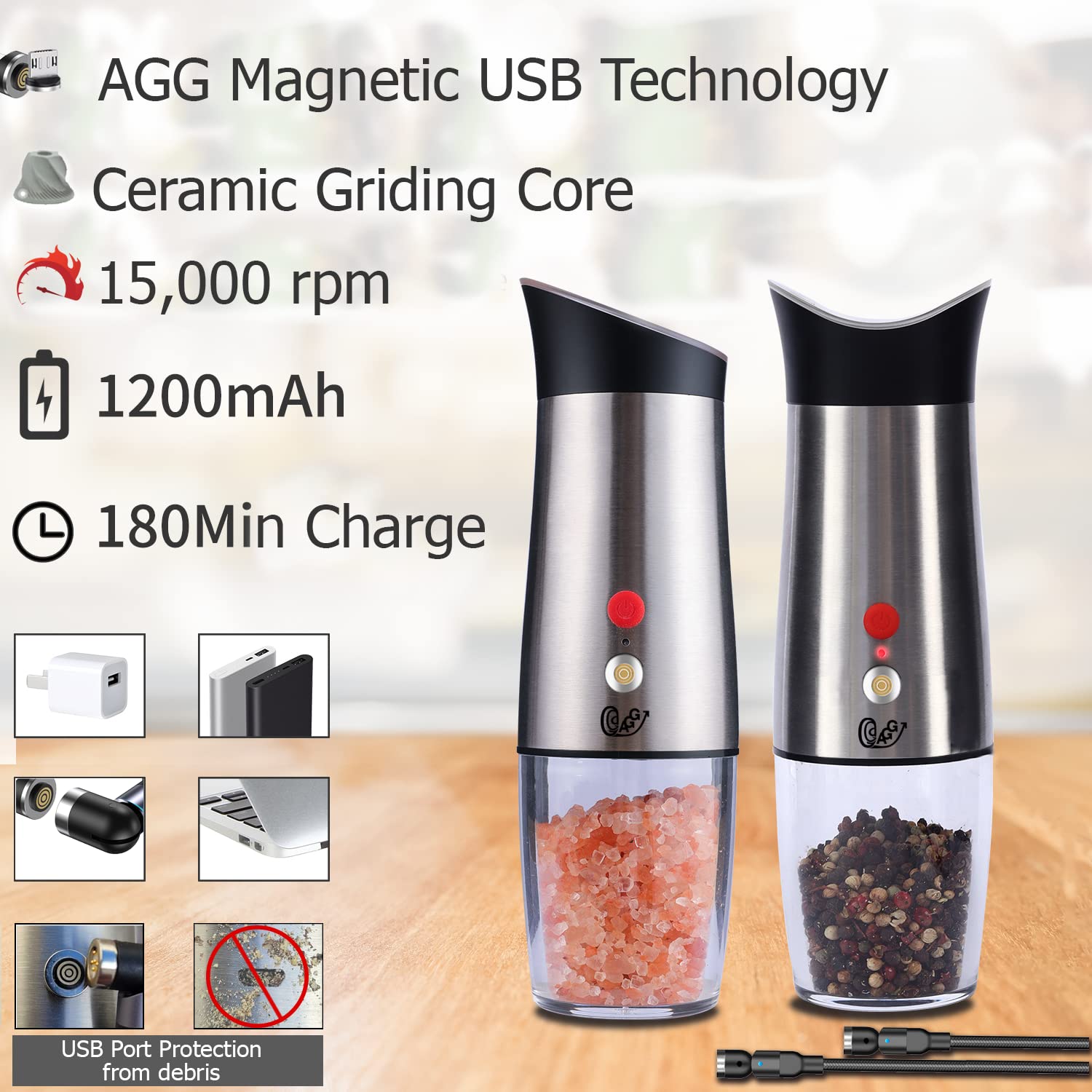 Rechargeable Electric Salt and Pepper Grinder Set - USB Magnetic Charging, Adjustable Coarseness, Gravity Activated with LED Light - Stainless Steel Spice Mill for Kitchen, Dining, and Outdoor Cooking
