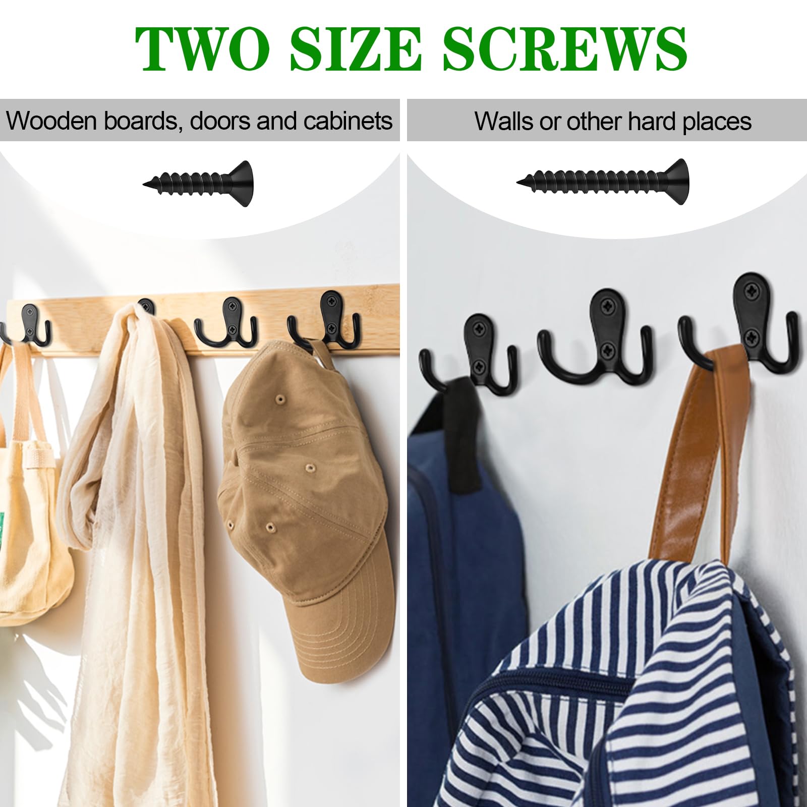 12 Pack Double Wall Hooks - Vintage Metal Coat Hooks with 48 Screws - Heavy Duty Retro Hooks for Bathroom, Kitchen, Closet & Entryway Organization (Black)