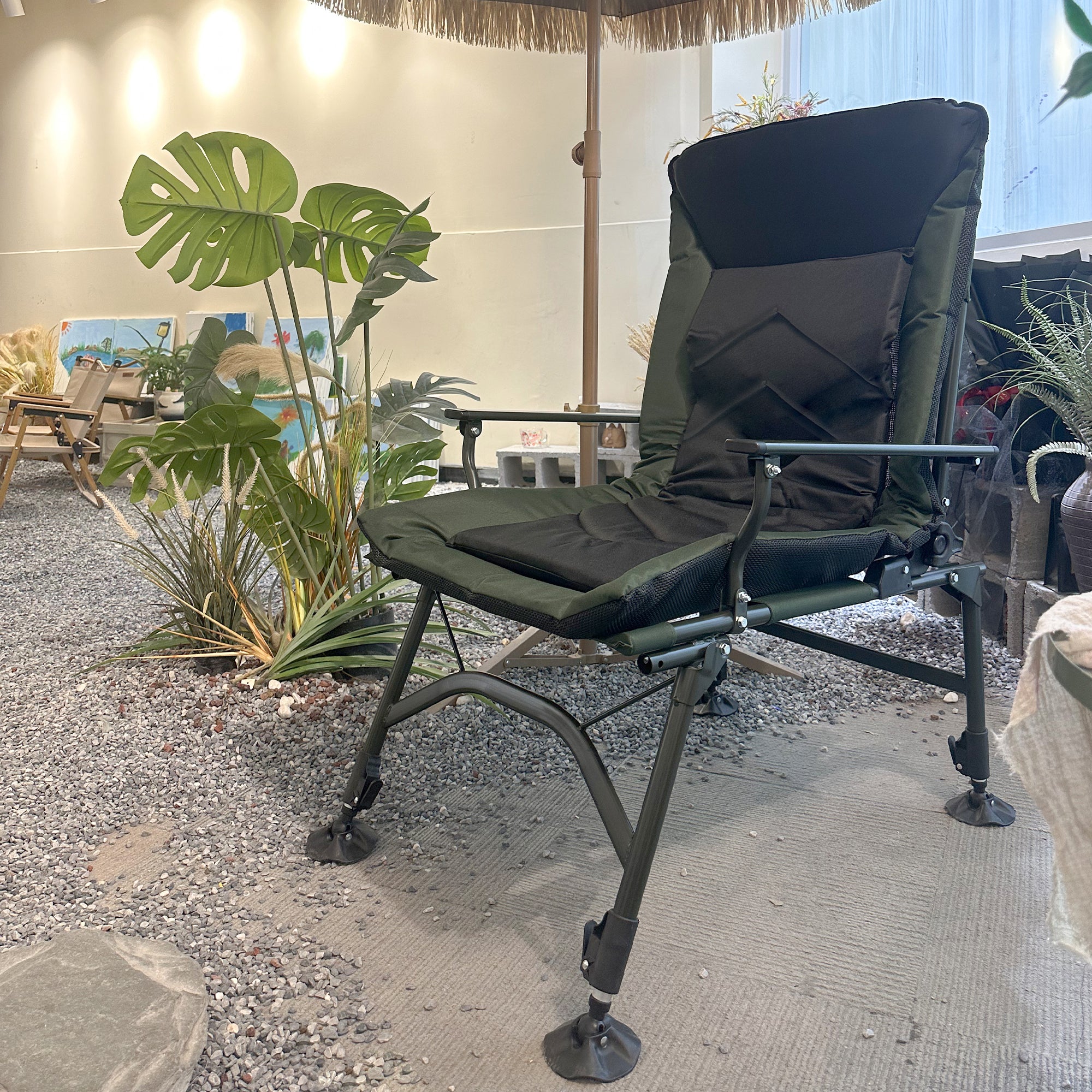 Portable Folding Reclining Camping Chair with Adjustable Backrest - Lightweight Outdoor Lounge Chair for Camping, Beach, Hiking, Fishing, Picnics & Backyard Relaxation (Green & Black)