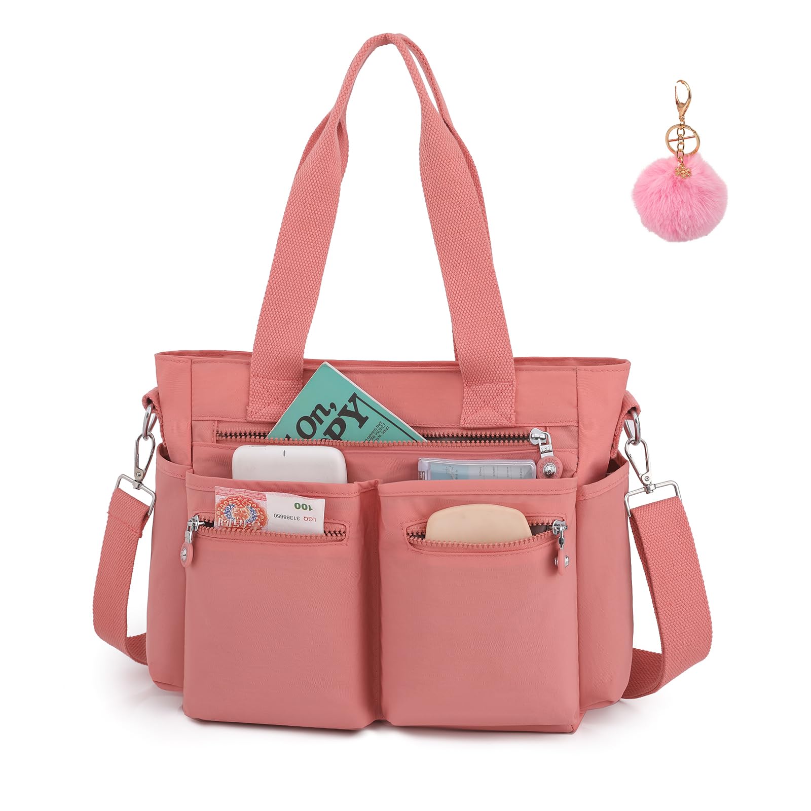Stylish Women's Tote Bag with Zipper Pockets & Detachable Ball Charm - Perfect Work Bag, Church Purse or Laptop Crossbody Handbag for Daily Commute, Office & Travel