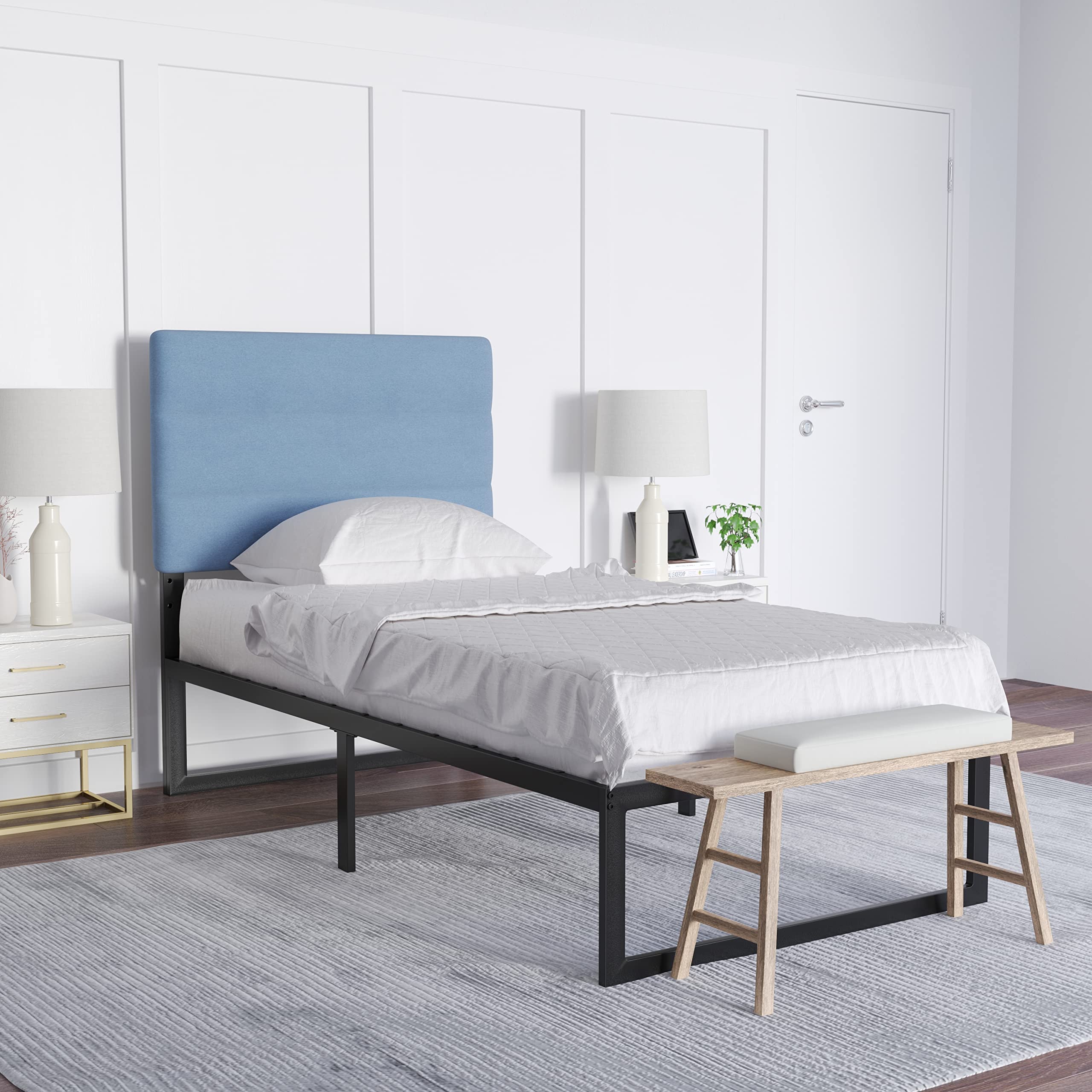 EMMA + OLIVER Gannon Twin Headboard - Blue Fabric Upholstered Adjustable Height Bed Headboard - Easy 30-Min Assembly - Fits Most Bed Frames (Not Included) - Perfect for Kids' Rooms, Guest Bedrooms & Dorm Decor