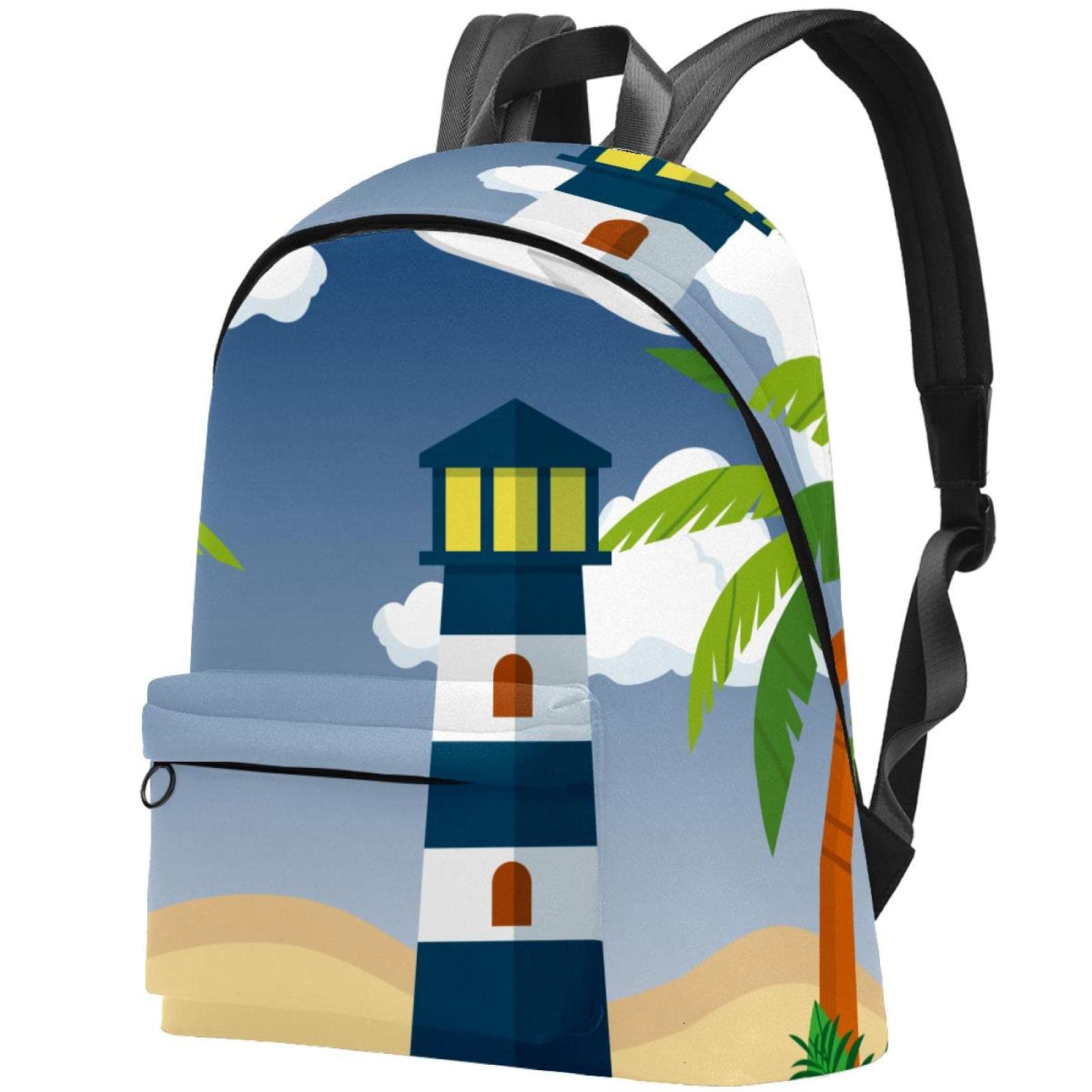 Stylish Canvas Backpack for College & Travel - Durable Unisex Backpack with Airplane Lighthouse Beach Print - Perfect for School, Commuting, Beach Trips & Airplane Carry-On