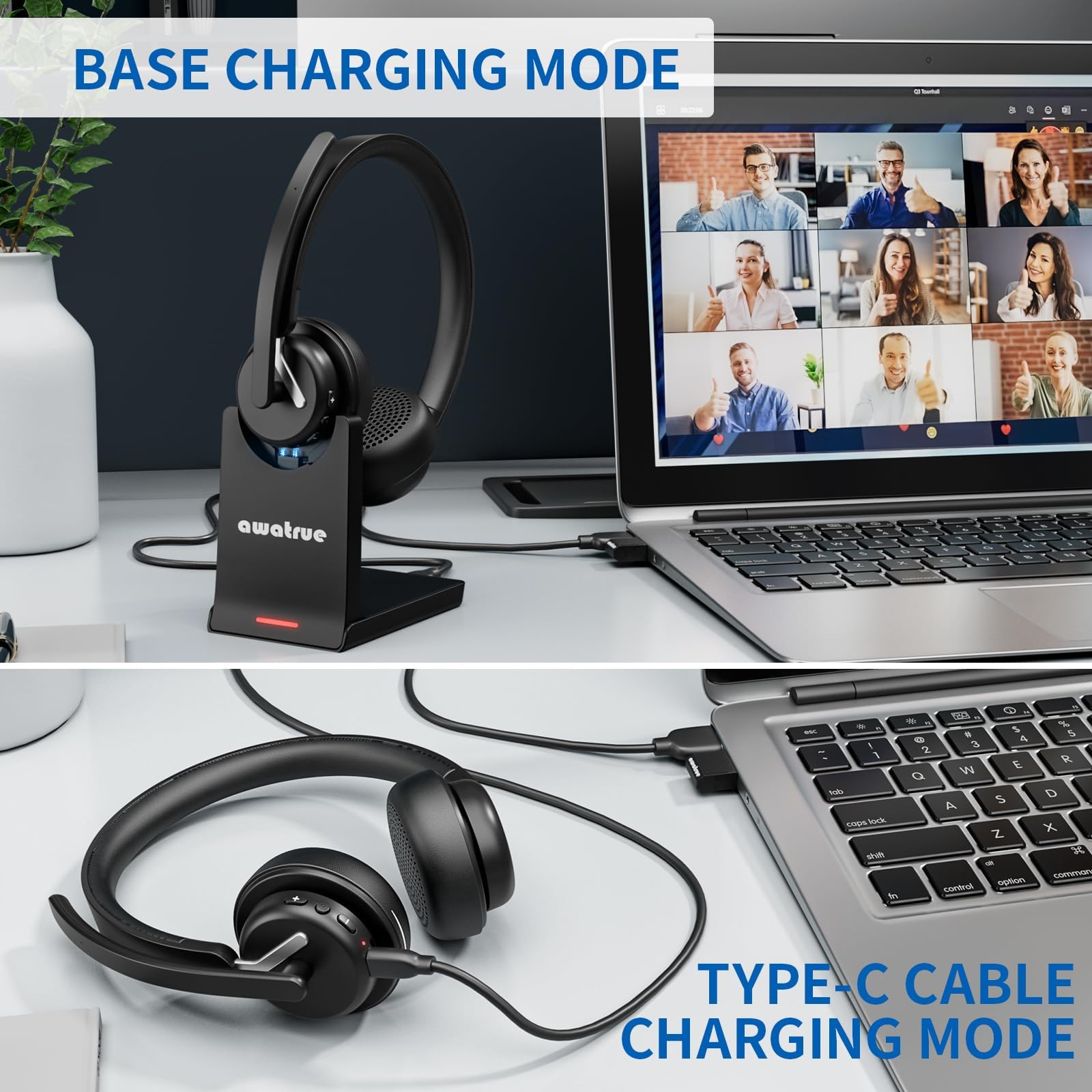 Wireless Headset with Microphone - Bluetooth 5.0 Headphones with AI Noise Cancelling Mic & Charging Dock, 2.4GHz Wireless Headset with USB Receiver for PC/Laptop/Remote Work/Call Center/Zoom Meetings - Perfect for Home Office, Online Classes & Gaming