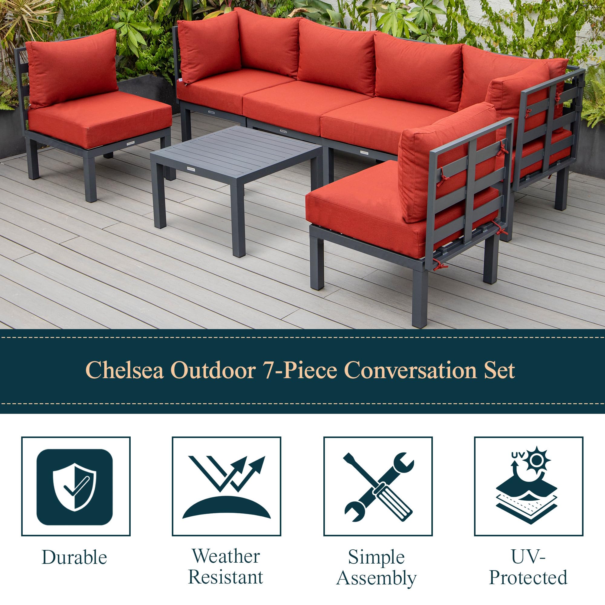 LeisureMod Chelsea 7-Piece Outdoor Patio Conversation Set - Aluminum Sectional Sofa with Weather-Resistant Cushions & Coffee Table (Red) - Perfect for Backyard, Garden, Poolside & Terrace Relaxation